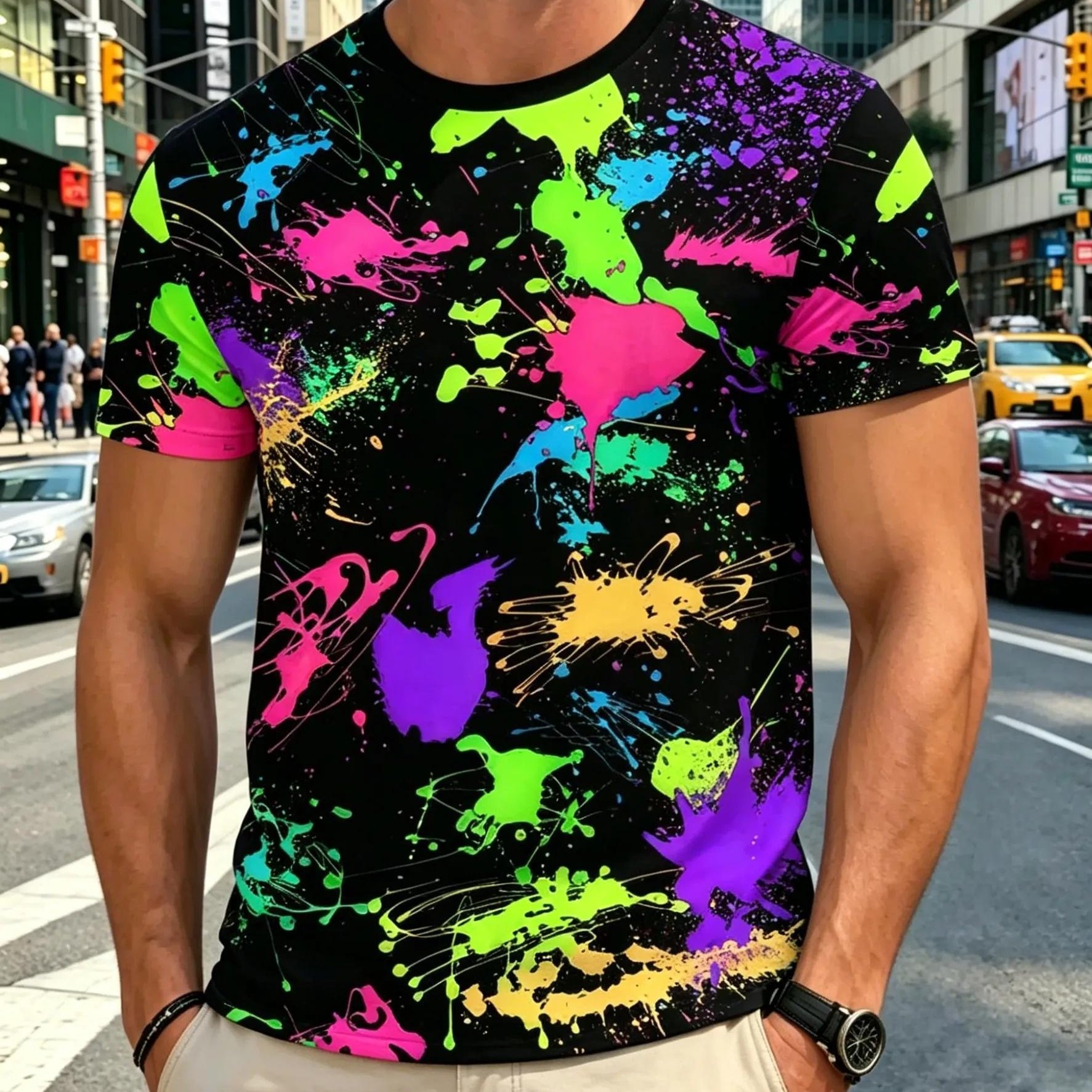 TEMU Men's Neon Paint Splatter Print T-shirt, Crew Neck Short Sleeve Casual Tee, Black Multicolor Splash Streetwear Top