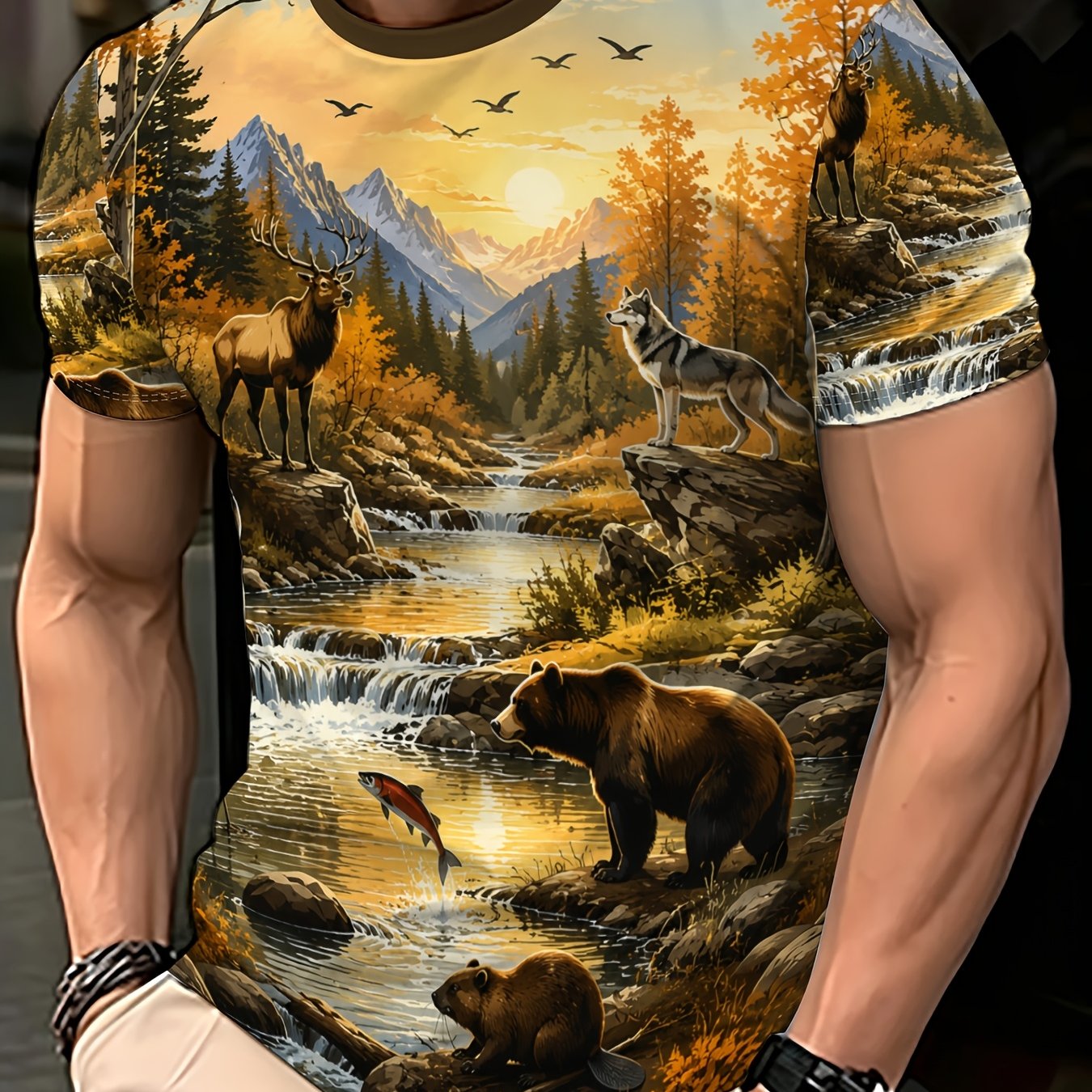 TEMU Men's Short-sleeve T-shirt With Landscape Print, Featuring Elk, Bear, And Wolf Animal Patterns - Outdoor Casual, New Summer Style, Trendy And