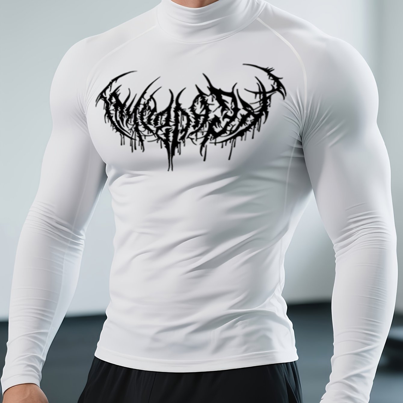E-shop 1 Herren Fitness Shirt mit Distressed Schrift - Weißes Langarm Mock Neck, Muscle Fit Workout Top, Gothic Drip Art