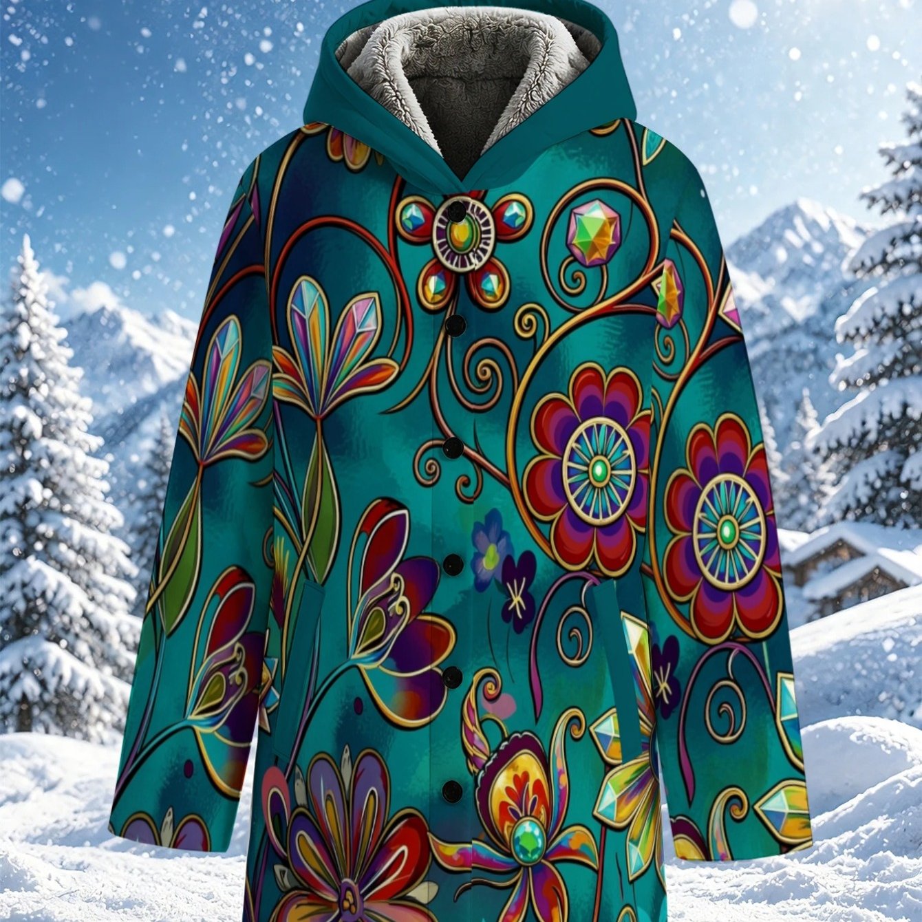 TEMU Lianyaoshi [printed Design Not Textured] Women's Fleece-lined Hooded Coat With Vibrant Floral Print, Lightweight Warm For Winter Outdoor, Snowy