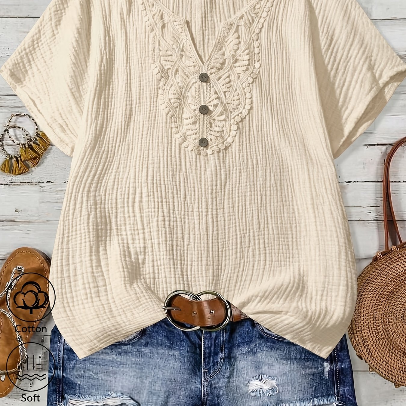 Women's Classic 100% Lace Trim V-neck Button-twist Detail Casual Short-sleeve Shirt, Elegant Solid Color Fitted Versatile Top For Spring, Summer, And Fall Daily Wear