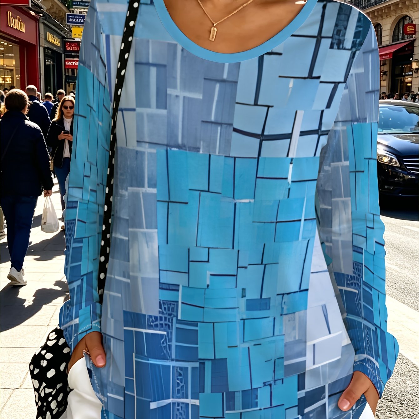 TEMU Plus Size Casual Women's Blue Geometric Print Long Sleeve Top, Women's Round Neck Loose Casual T-shirt, Autumn Winter Versatile Fashion Base