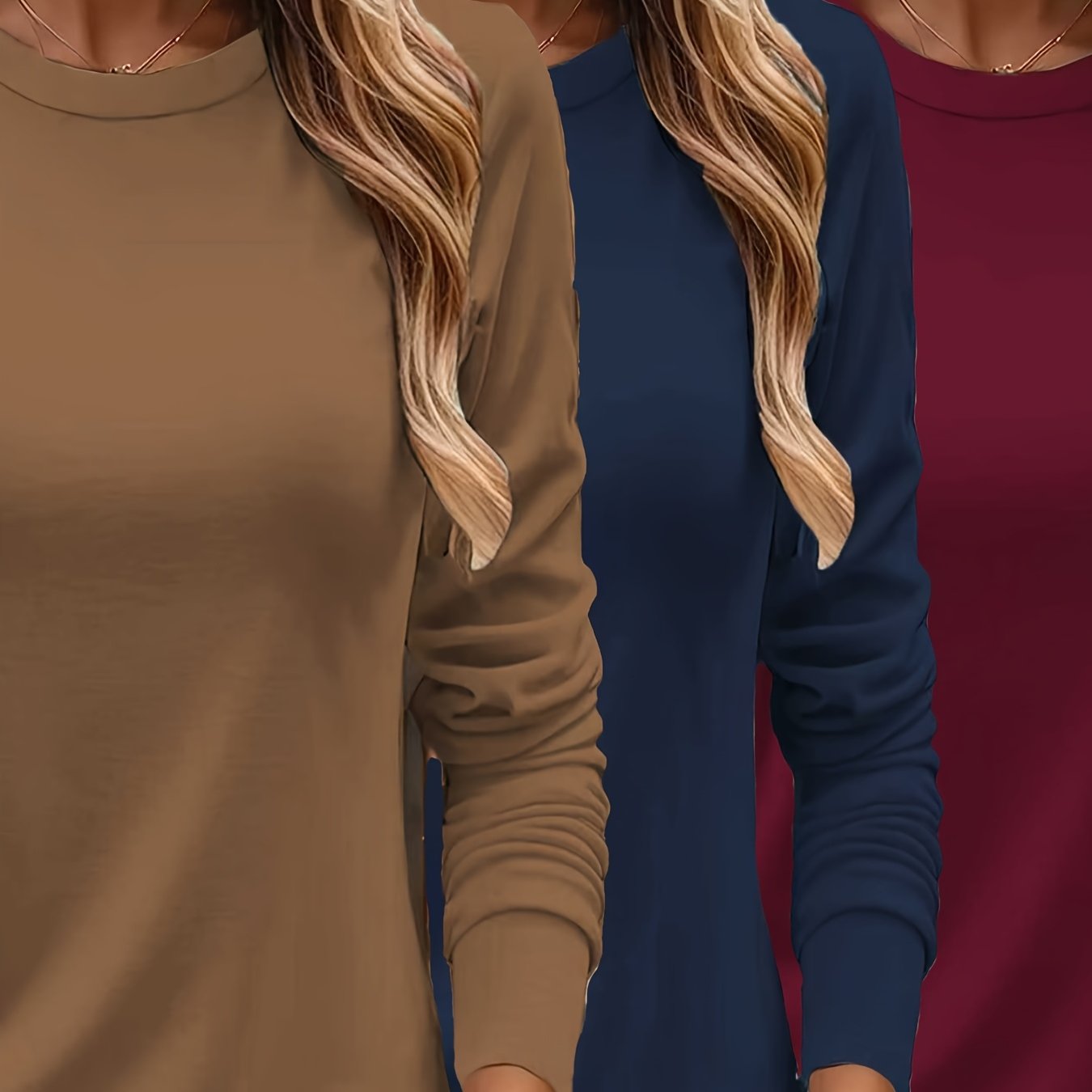 TEMU 3-pack Women' Color Casual Crew Neck Long Sleeve T-shirts, Spring Summer Fall Everyday Comfortable Versatile Tops, Machine Washable - Ladies'