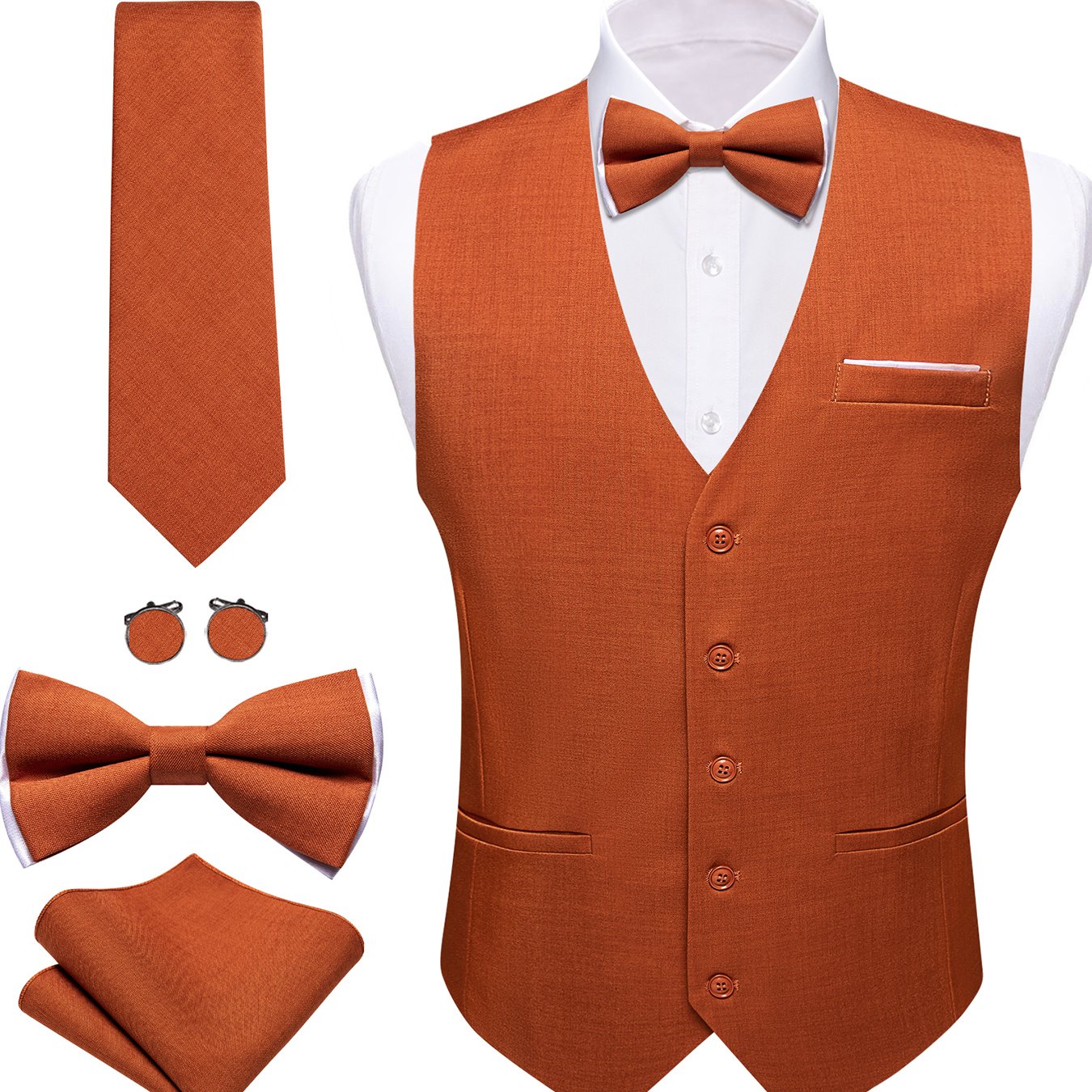 Men's Orange Suit Vest Tie Bowtie Set Woven Formal Waistcoat Hanky Wedding Party 4pcs, Plus Size
