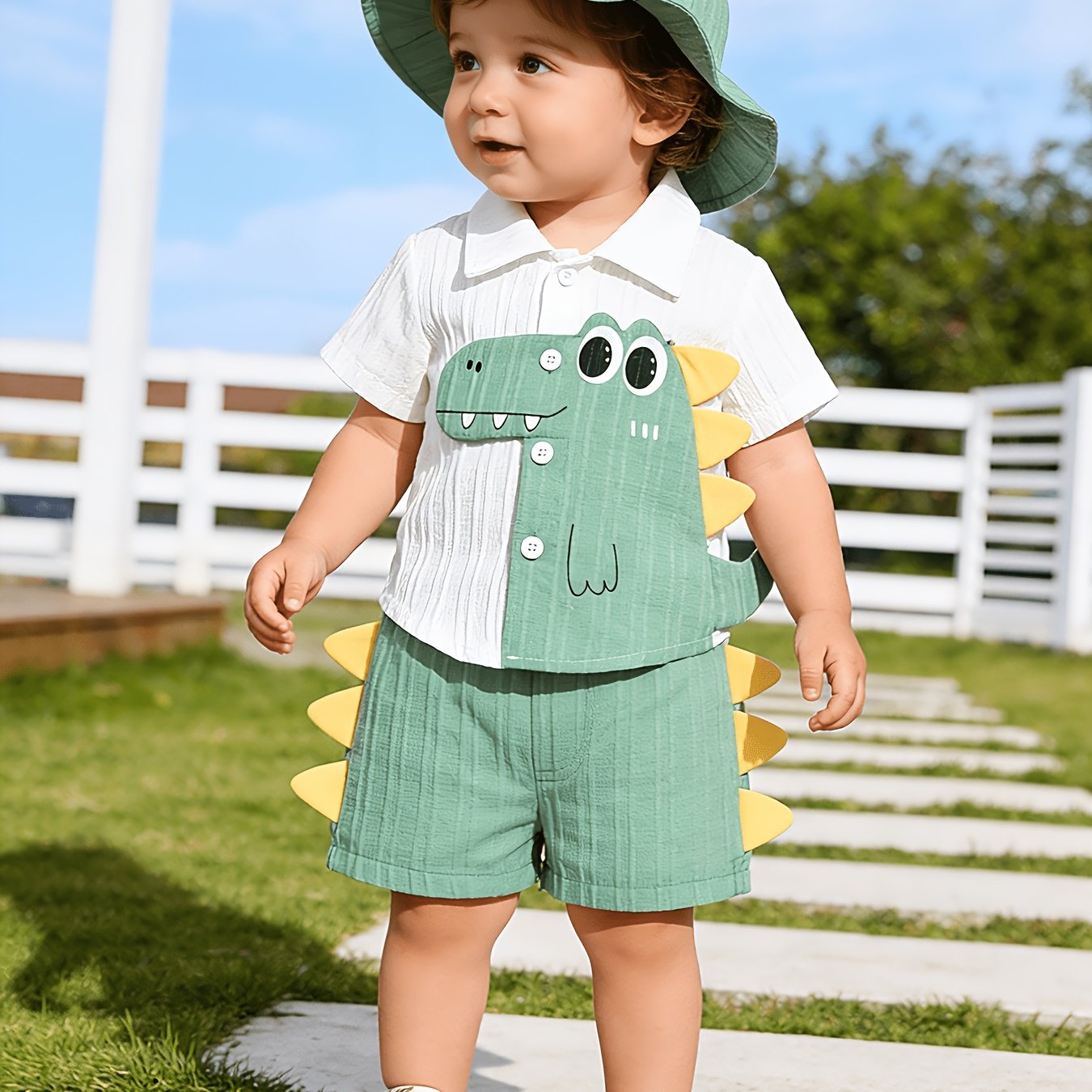 Baby Boy 3pcs Dinosaur Outfit Set, Short Sleeve Shirt + Shorts + Hat, Cute Summer Clothes, Soft Breathable Fabric, Perfect For Outdoor