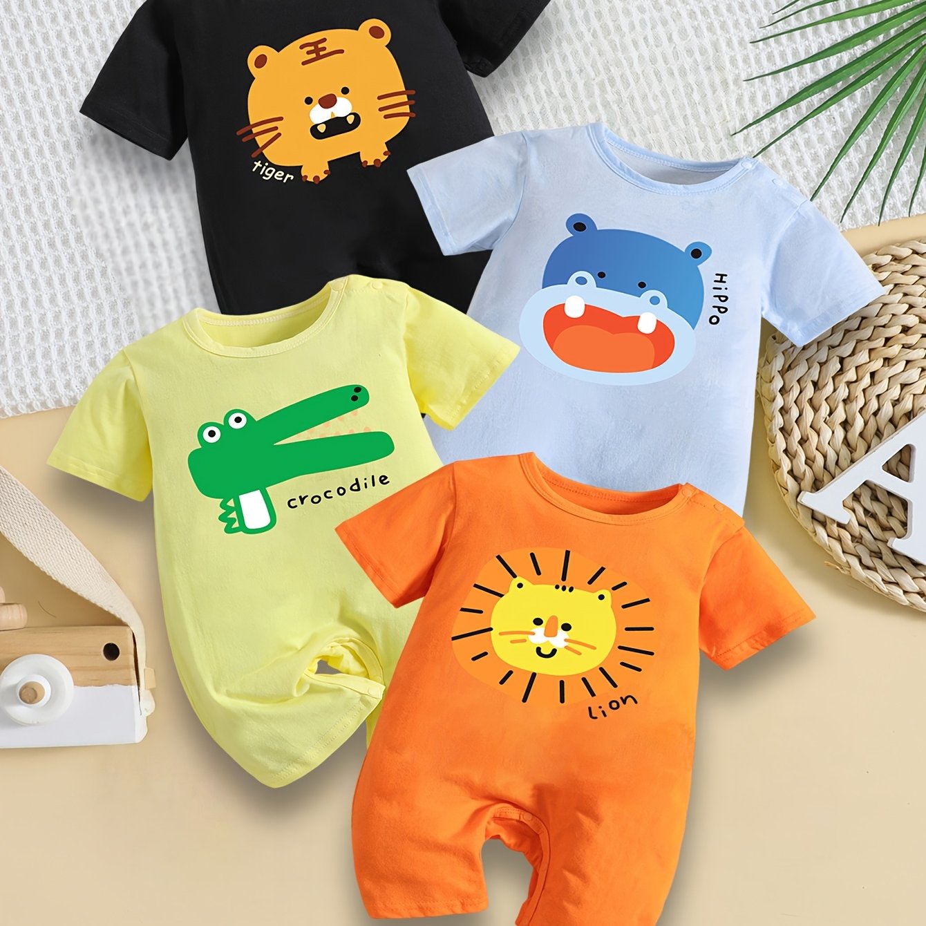 Image of 4pcs Set Newborn Baby Boys And Girls Printed Bodysuit, Round Neck Short Sleeve Romper For Spring/summer And Casual Crawling Wear, Perfect For Outdoor
