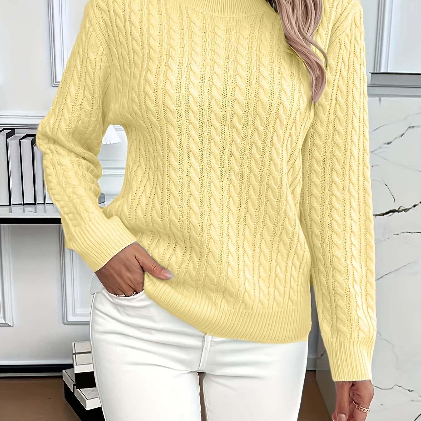 TEMU Suéter Casual de Cuello para Mujer - Ajuste Holgado, Larga con Detalles Acanalados y Color Sólido, Silueta en H para Capas de /Otoño, Colección