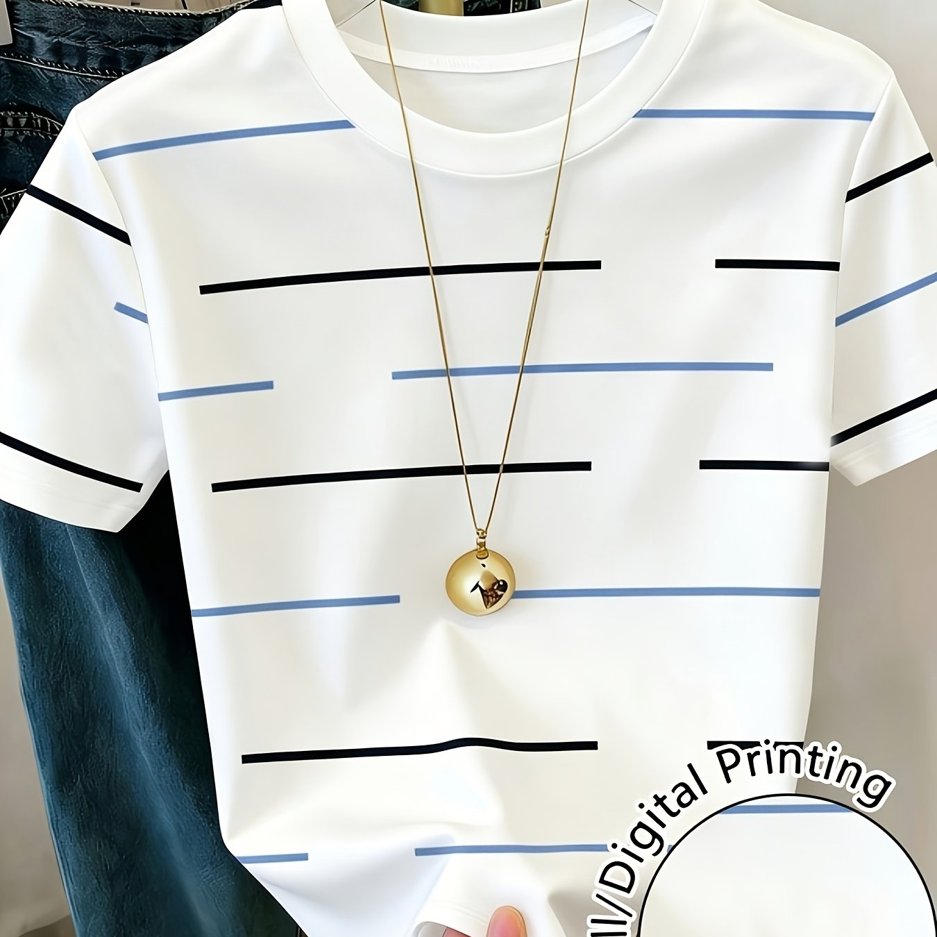 TEMU Fashion Women's Clothing White Black Irregular Stripe Printed Round Neck Short Sleeve T-shirt Easy Casual Top