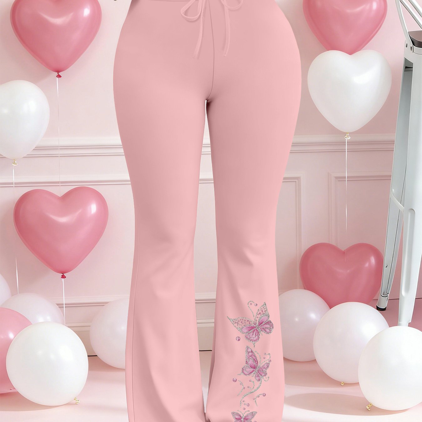TEMU Plus Size Spring Fashion New Casual Women's Pants Pink Print Slim Elegant Drawstring Micro-flare Pants Daily Leg-lengthening Outfit Micro-flare