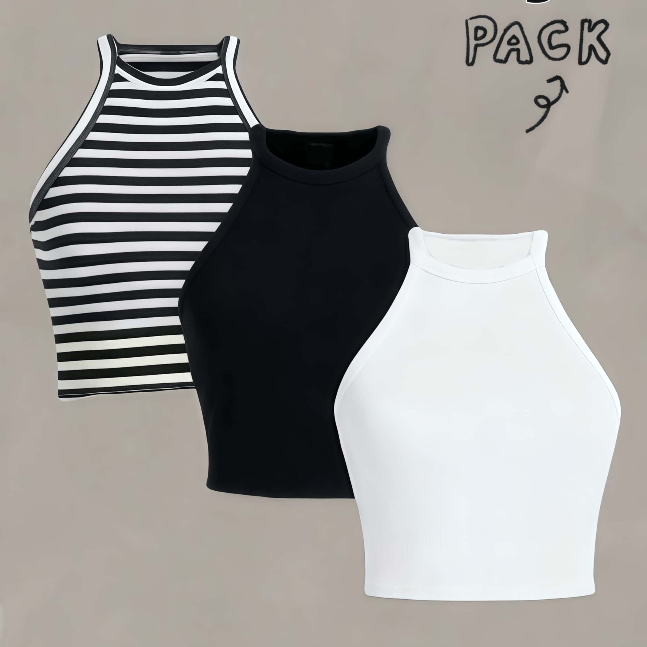 TEMU Lot de 3 débardeurs sexy à col rond pour femmes | Rayés, Noir, Blanc - Respirants, Coupe régulière, Lavables en machine, Parfaits pour