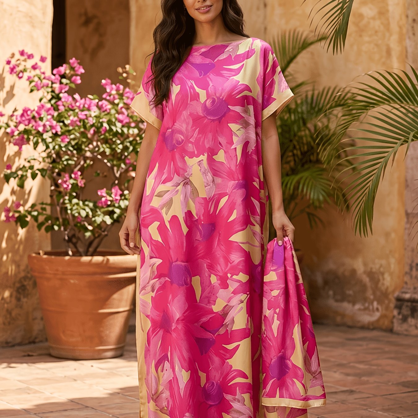 TEMU Plus Size - Plus Size - Women's Plus Size Printed Middle Eastern Long Dress With Matching Scarf, Pink Floral Pattern, Loose Batwing Sleeves,