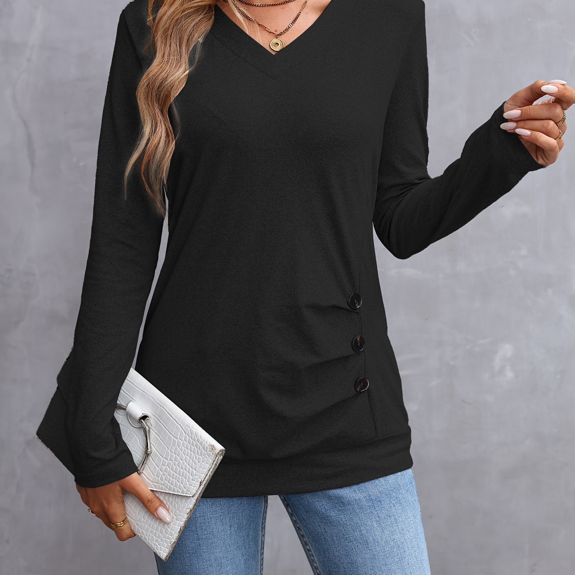 TEMU Women's Fashion V-neck Elegant And Casual Hem Spring And Autumn Winter Inner Wear Long-sleeved T-shirt