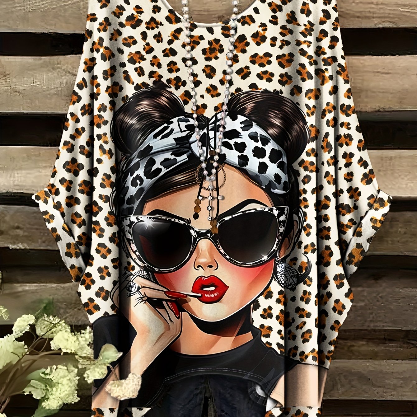 Plus Size, Plus Size Minimalist Print, Bohemian Style Casual Elegant Comfortable Irregular Hem Round Neck Short Sleeve T-shirt - Accessories Not Included