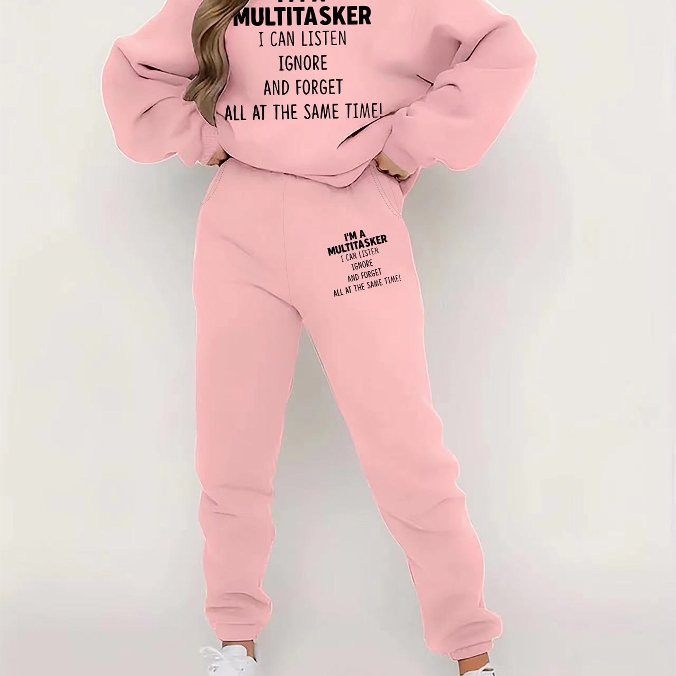 TEMU Women'-piece Set Featuring A Round Neck Sweatshirt And Pants, Designed With Prints, Suitable For Autumn And Winter With Fleece