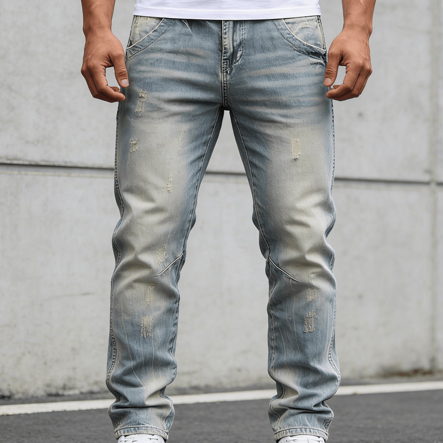 Image of Hme-287 Men' Blue Distressed Washed Jeans Slim Straight Frayed Casual Pants High-street Retro Basic Denim Trousers