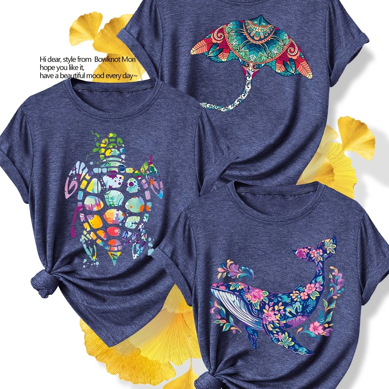 TEMU 3-pack Vacation Party Gathering Surprise Short Sleeve Collection Floral Whale Devilfish Turtle Bohemian Style Printed Casual Attire Fashion