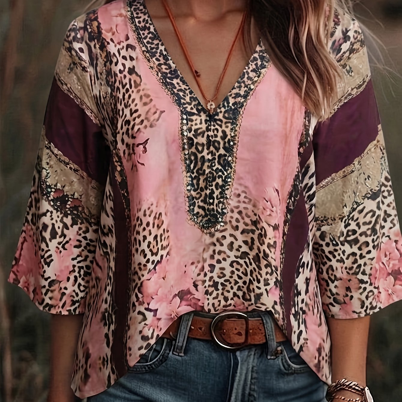 TEMU Plus Size - Women's Retro Style V-neck Leopard Print Short Sleeve Top, Suitable For Casual Wear And Leisure