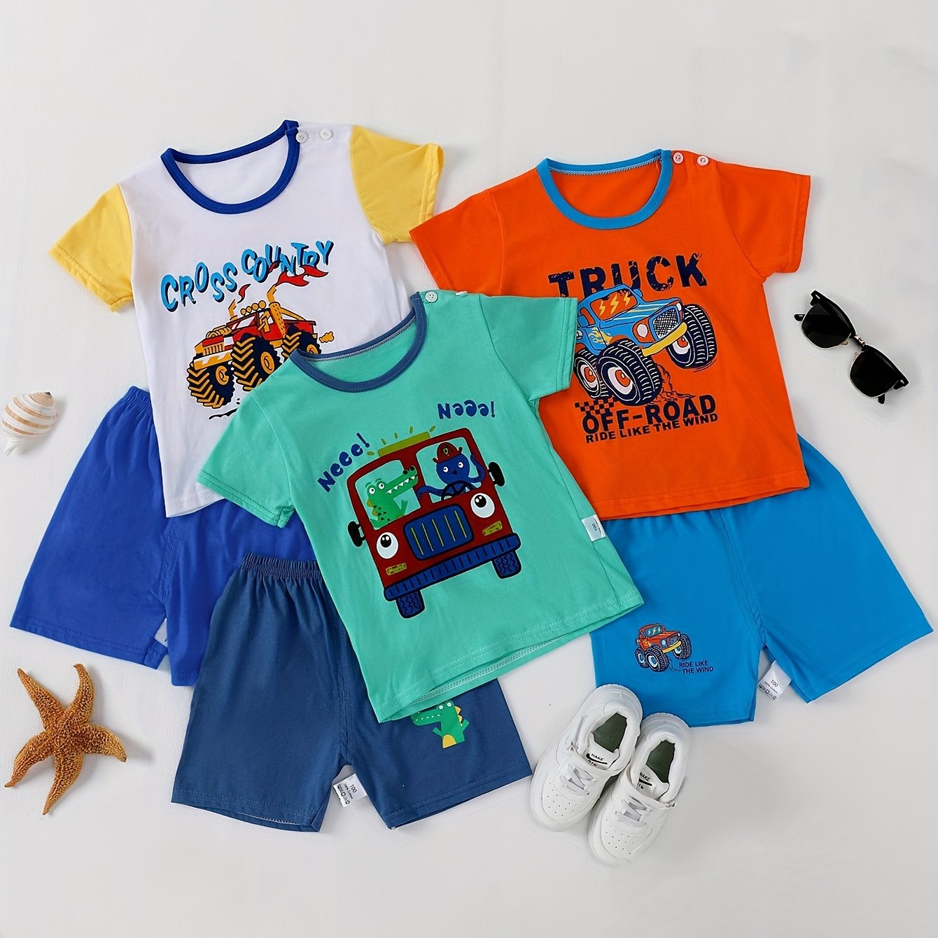Image of 3pcs Set, 6pcs Car Print Short Sleeve Set, T-shirt Baby Summer Clothing, Lightweight And Cool, Comfortable And Soft, , For Outdoor