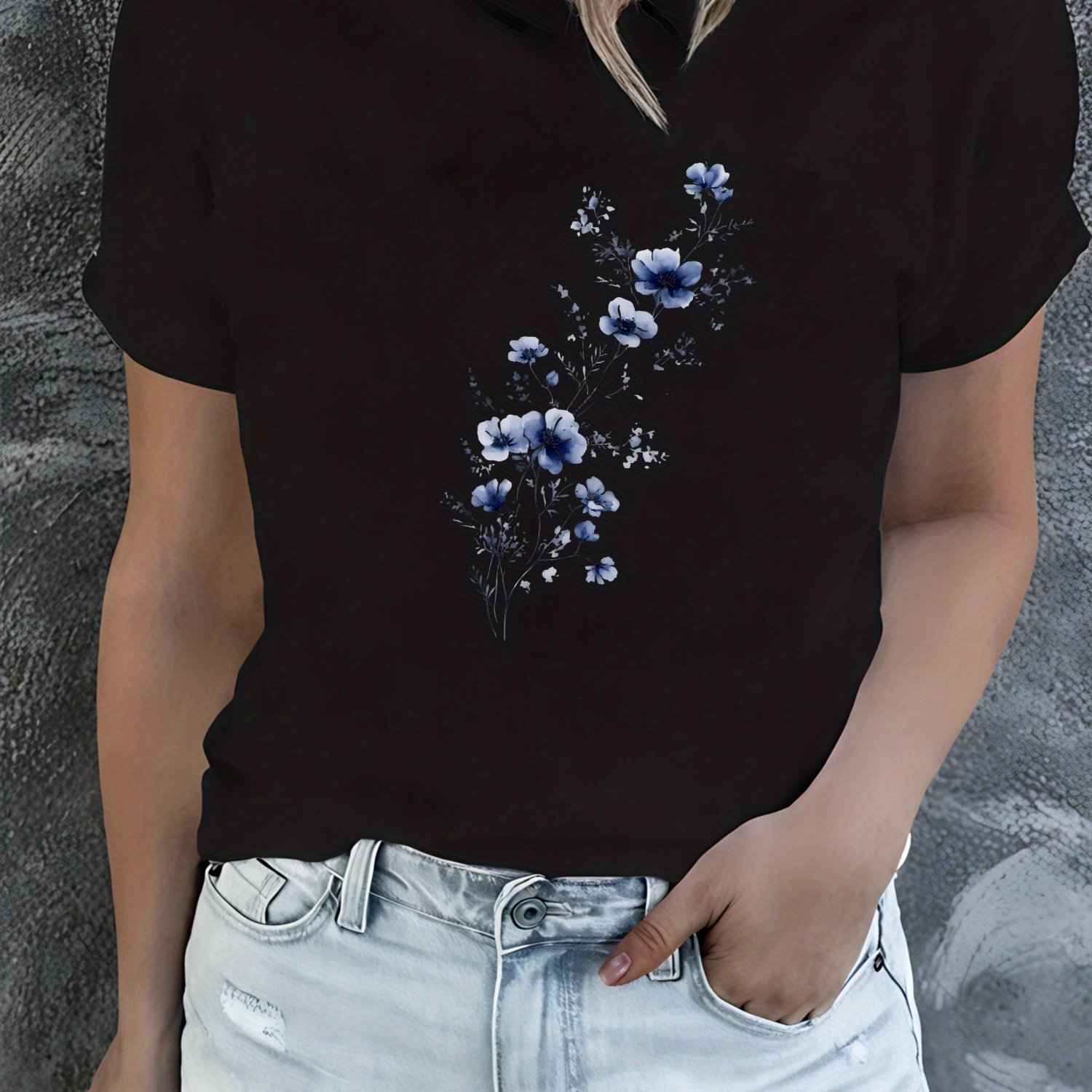 Image of A T-shirt Designed With Blue Floral Print Theme Women's T-shirt High Quality T-shirt Casual Summer Daily Wear Gift For
