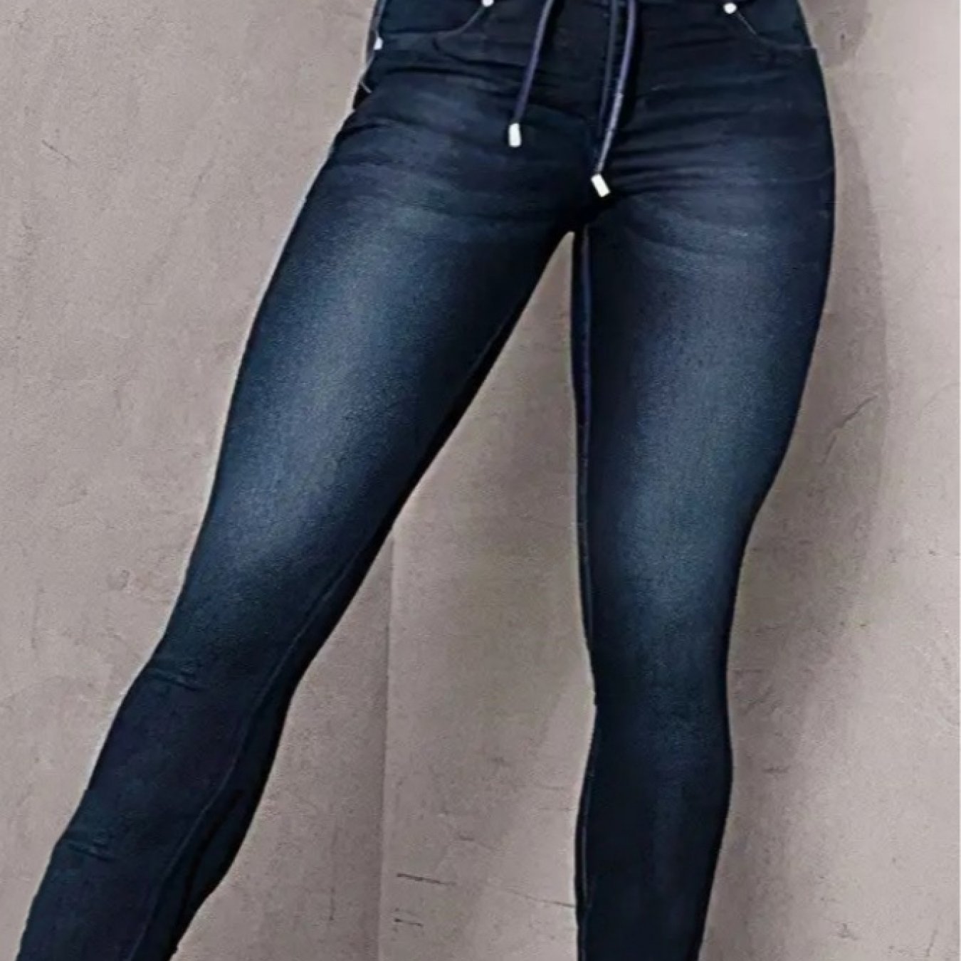 Image of Women's Stretch Denim Pants, High-waisted And Fitted With A Small Ankle-length Design, High-waist To Lift The Waistline, Outlining The , The Waistband Has A White Stripe Decoration, Drawstring Design