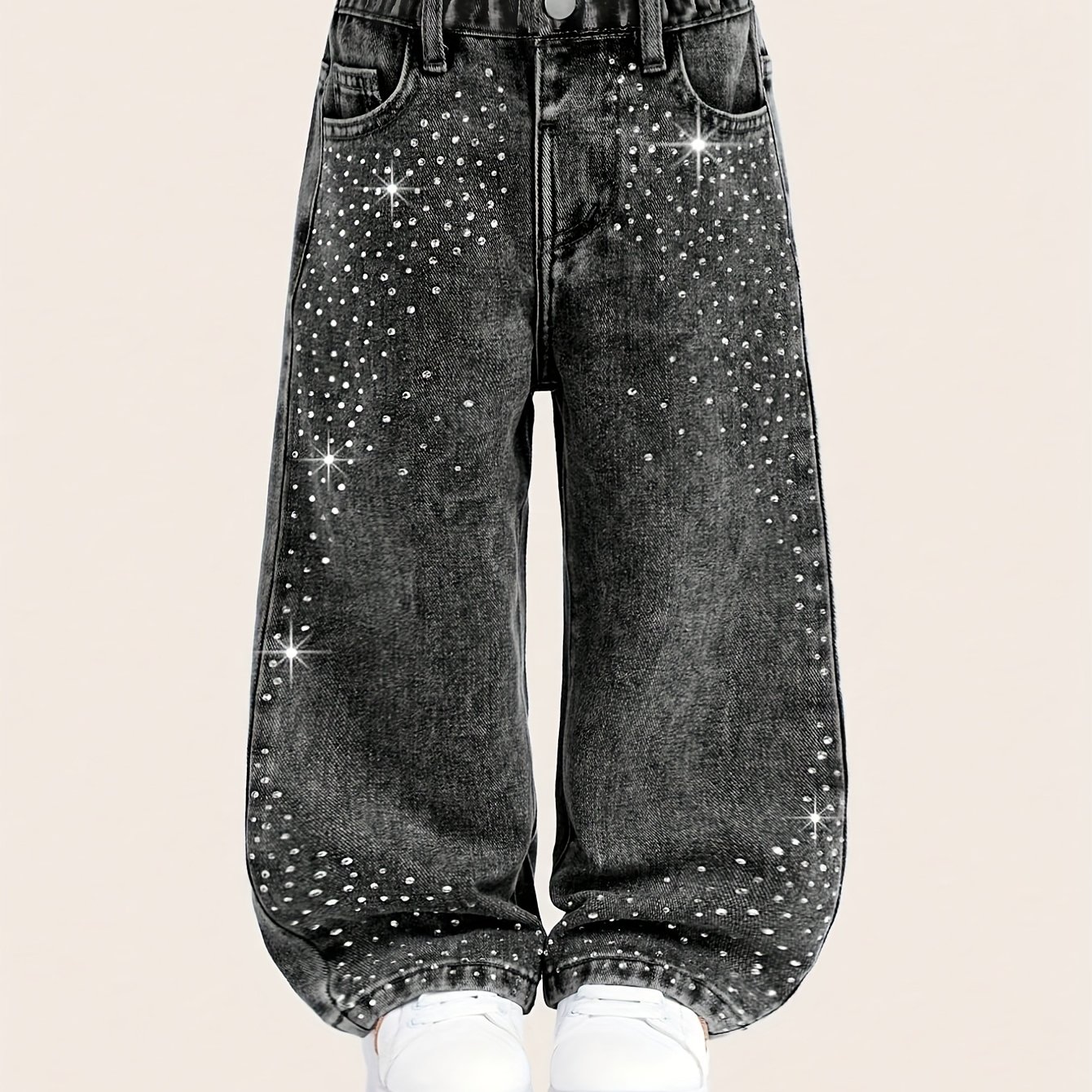 Image of Girls' Denim – Fashionable Children's Jeans With Black Washed Fabric And Sparkling Diamond Embellishments, Exuding Luxury And . The Loose Straight-leg Design For While Being Breathably Comfortable