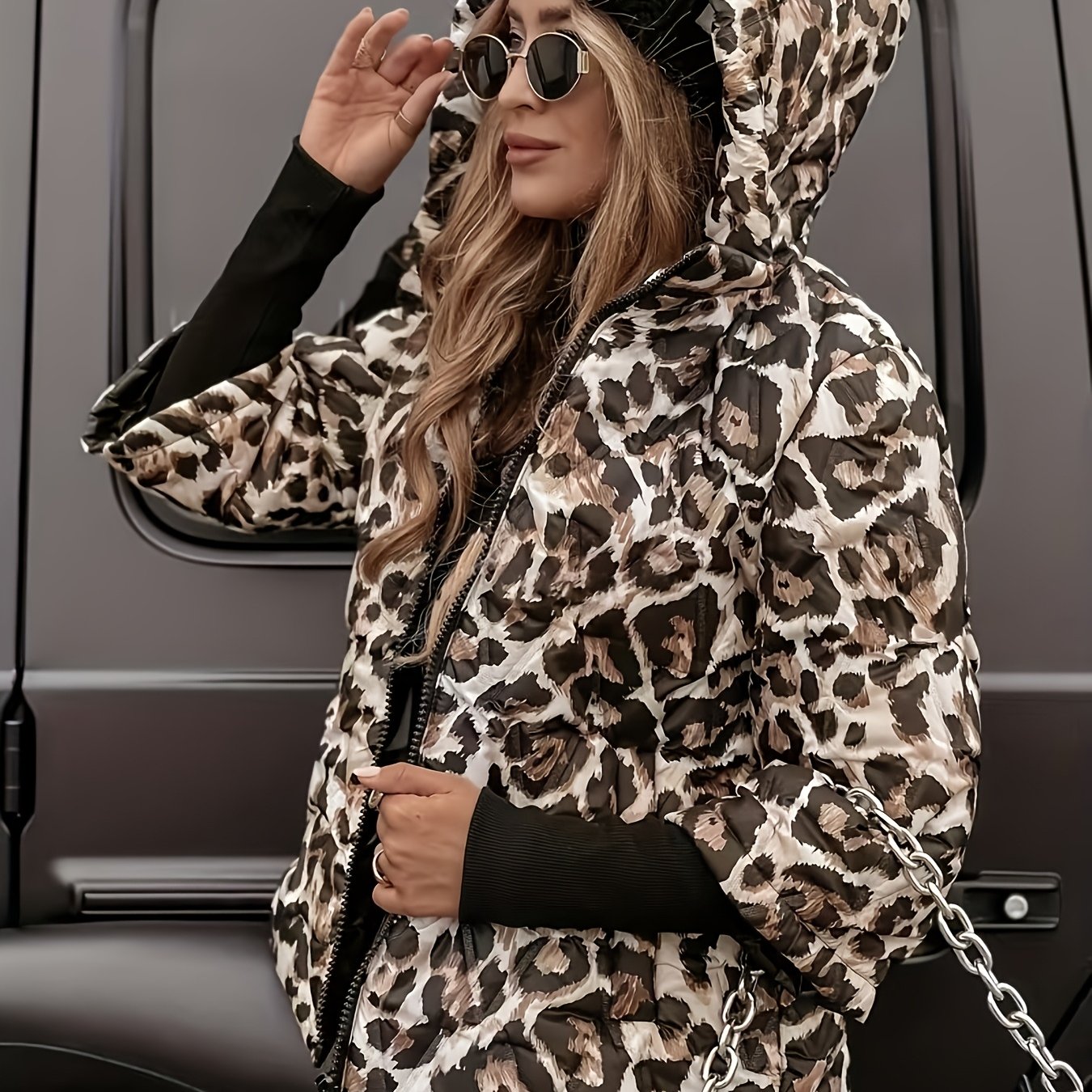 TEMU Women's Fashion Winter Zipper Warm Hooded Padded, Leopard Print Premium Padded