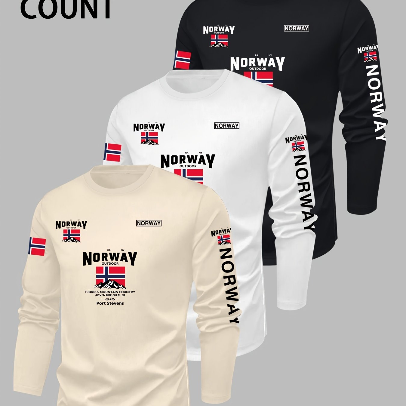 TEMU Men's 3pcs Printed Long Sleeve T-shirts, Regular Fit Spring/autumn Long Sleeve Tops For Outdoor Sports And Casual Wear