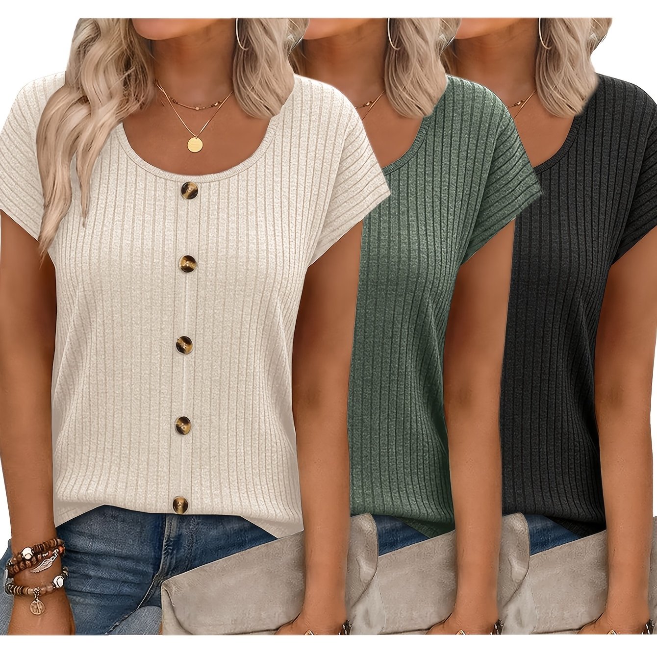 E-shop 3er Set Damen Bequeme Locker Geschnittene Basic Shirts | Rundhalsausschnitt, Knopfleiste, Lässige Kurzarm Pullover Tops in Unifarben