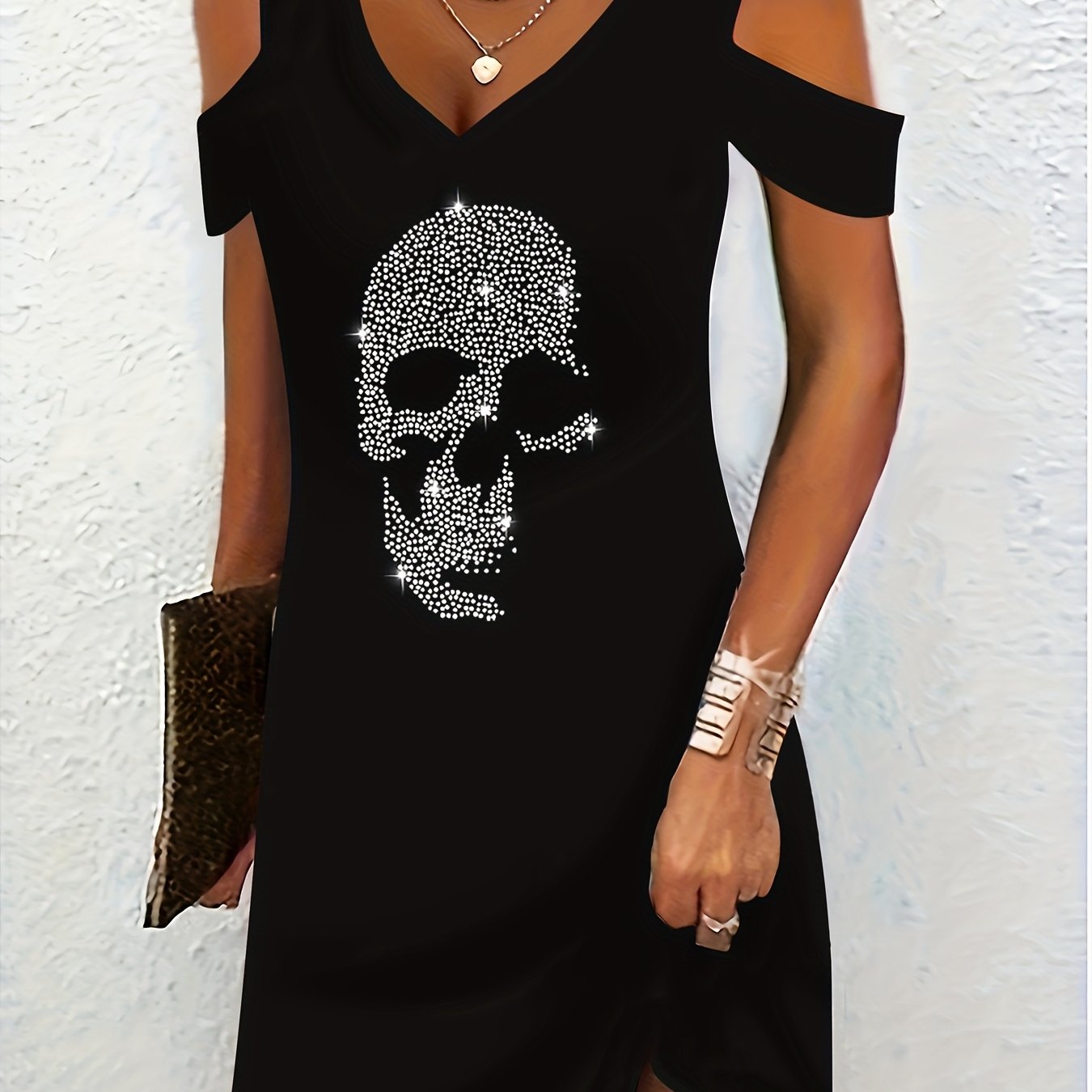 Image of Elegant Short-sleeve Off-shoulder Skull Embellished Dress For Women, Trendy Fashion Apparel
