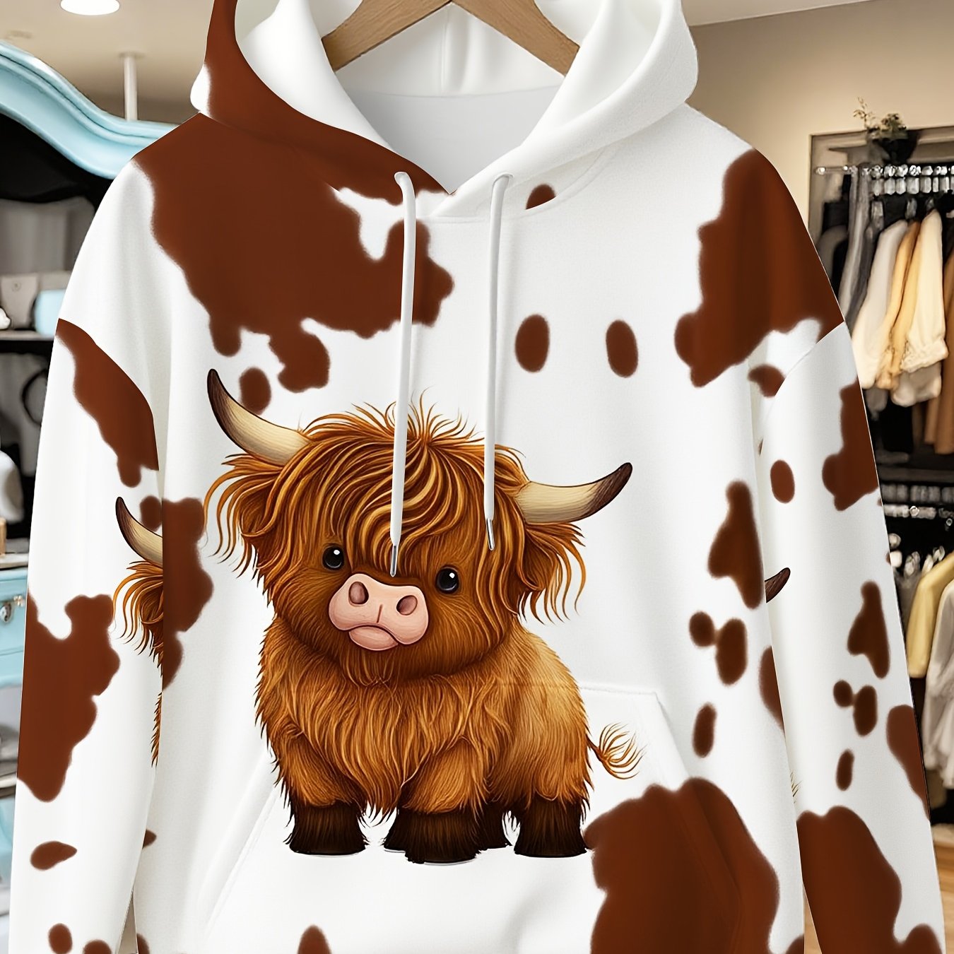 TEMU Women's Plus Size Hoodie With Pockets, Cute Highland Cow Print Brown And White Spotted Pattern, Gift For And Cow Enthusiasts, Suitable For