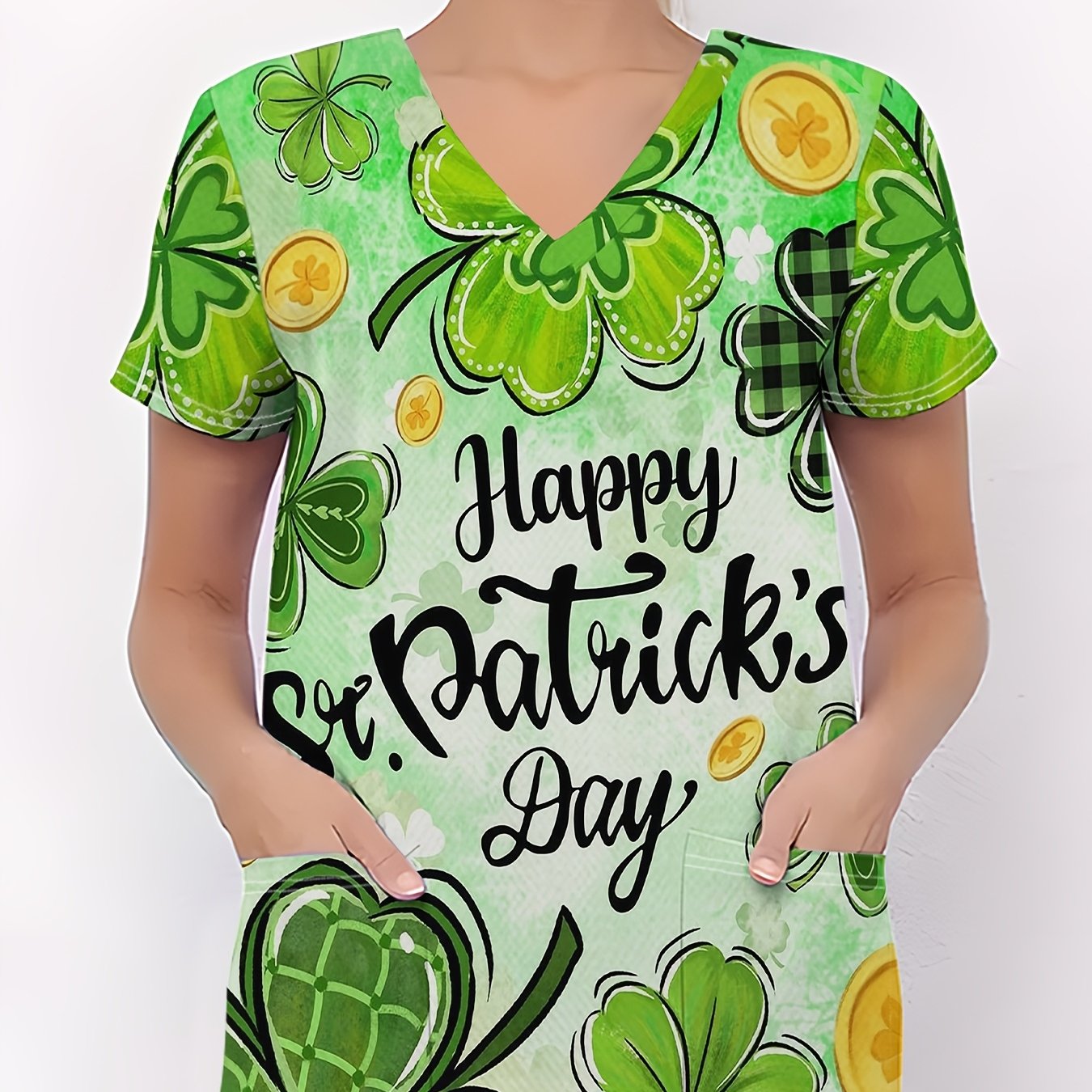 TEMU 's Day Element Women's T-shirt, Comfortable Women's Nurse Uniform, 's Day Greeting Card Full Of Shamrocks And , A , Women's Nurse Uniform, Soft