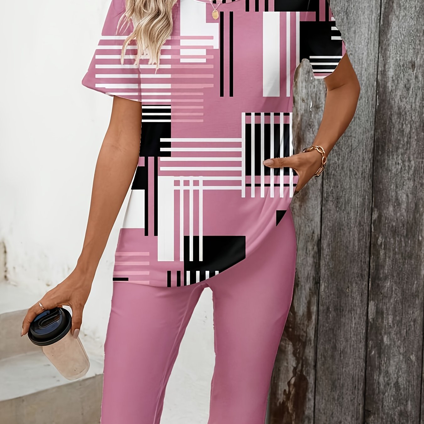 TEMU Women's Spring/summer Irregular Pattern Print T-shirt + Pants Two-piece Set