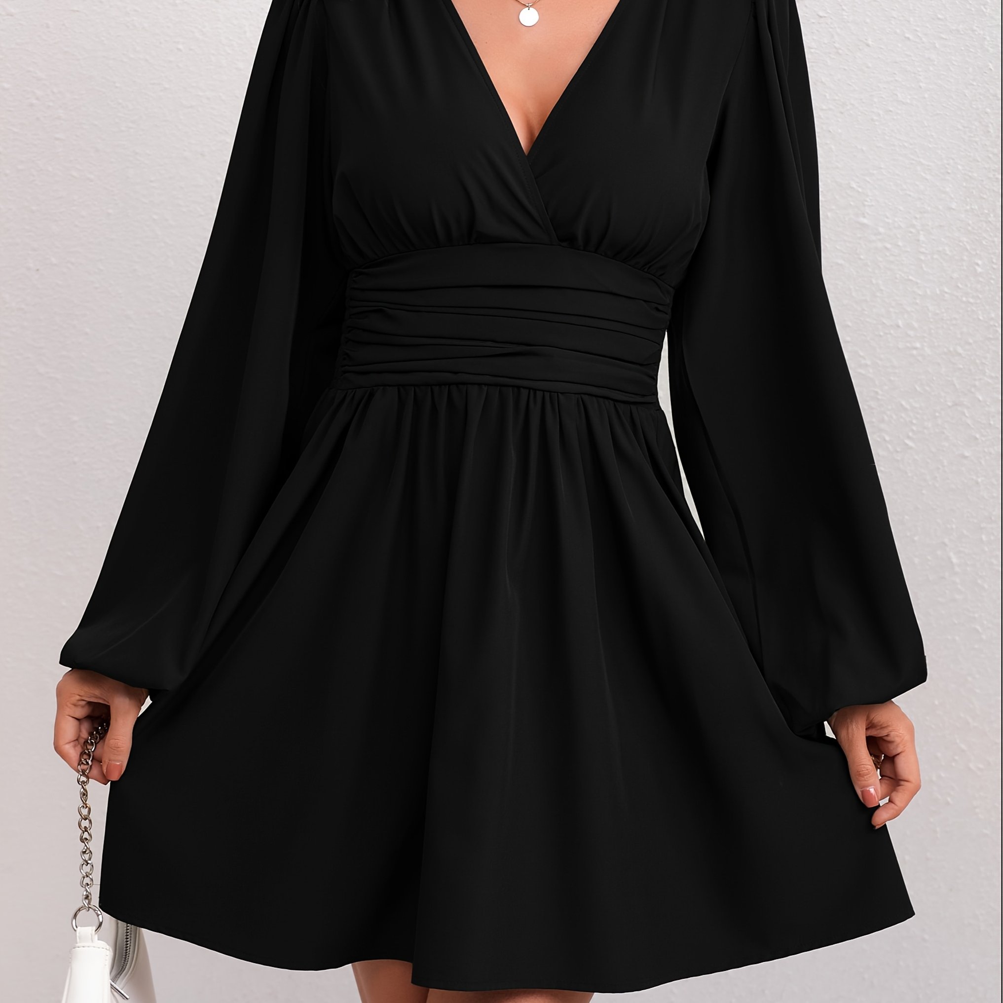 Women's Polyester Elegant V-neck Dress, Machine Washable, , A-line Style, Suitable For Adults