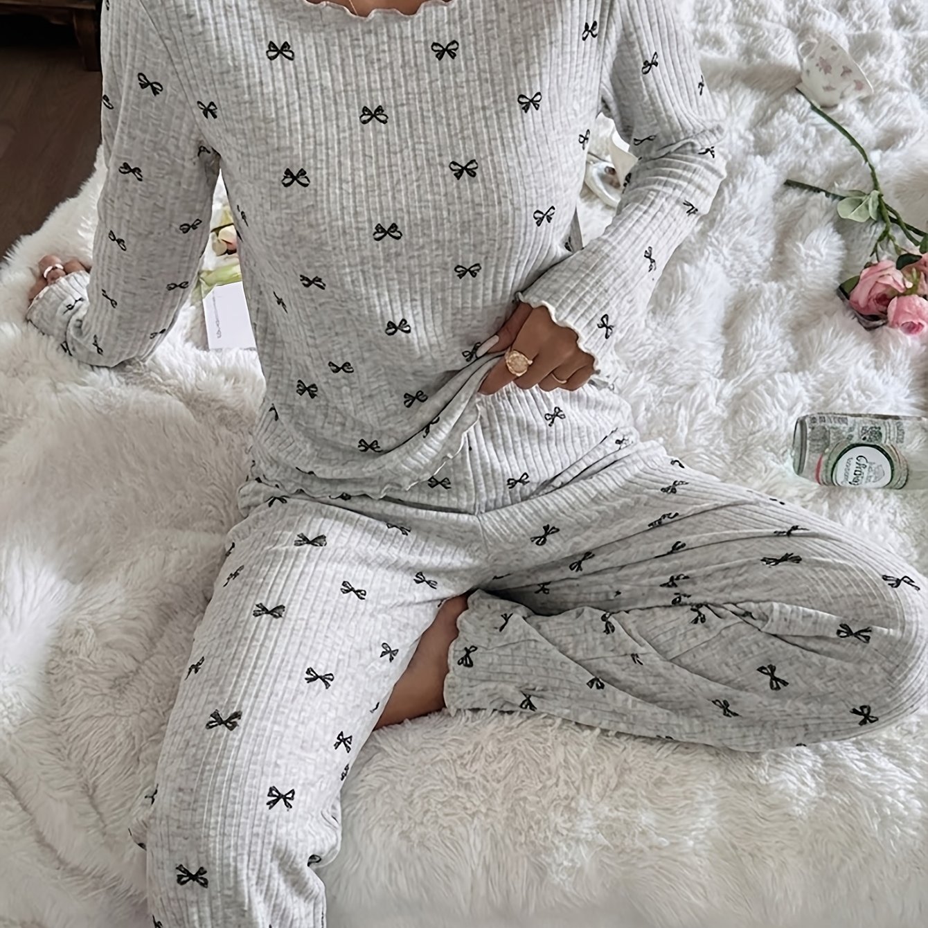 TEMU 2026 Fall Winter Women's 2pcs Premium Ribbed Pajamas, Girly Ins Crew Neck Long Sleeve Bow Floral Print Top, Waist Lounge Pants, Valentine's New
