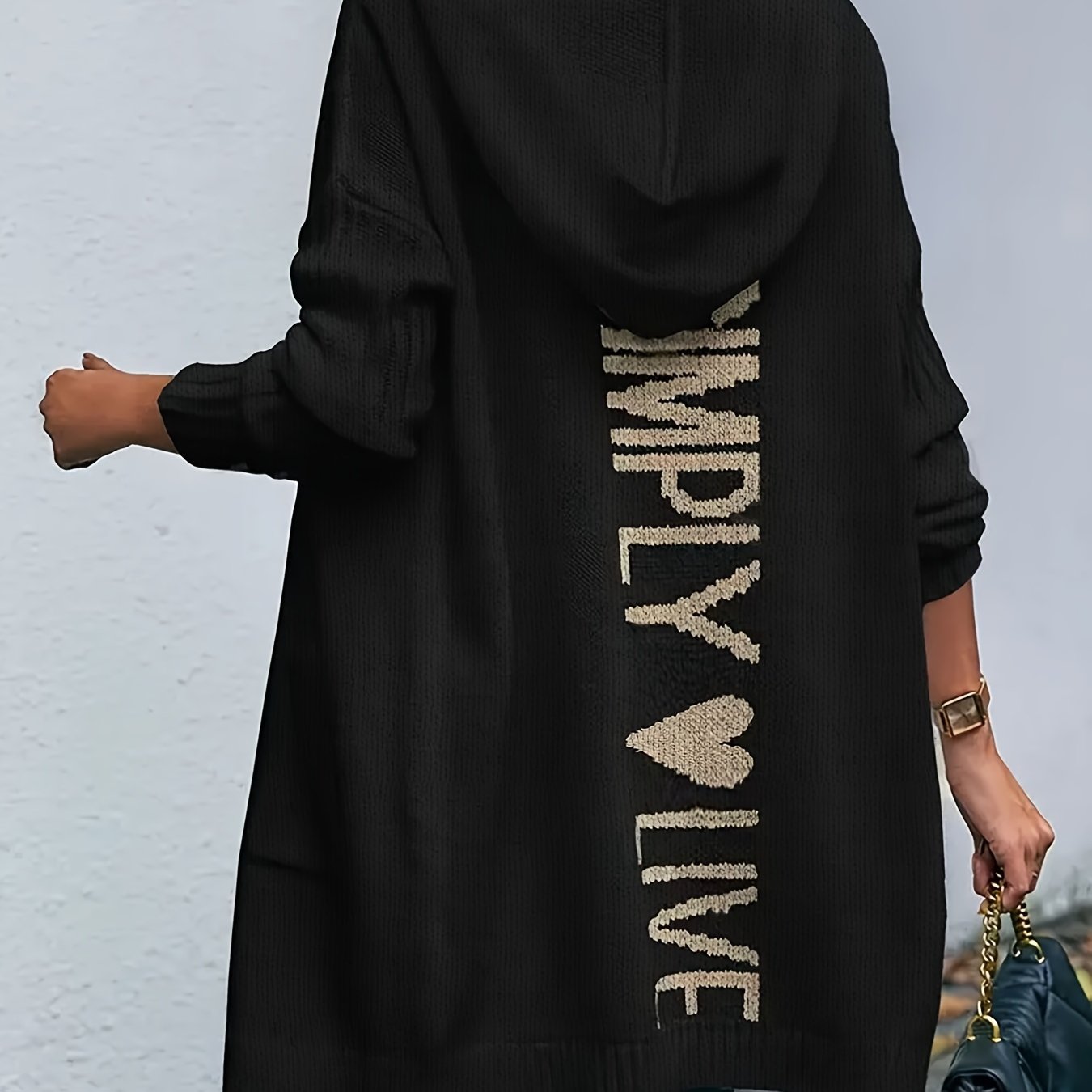 Letter Pattern Open Front Knit Cardigan, Elegant Long Sleeve Hooded Cardigan For Spring & Fall, Women's Clothing