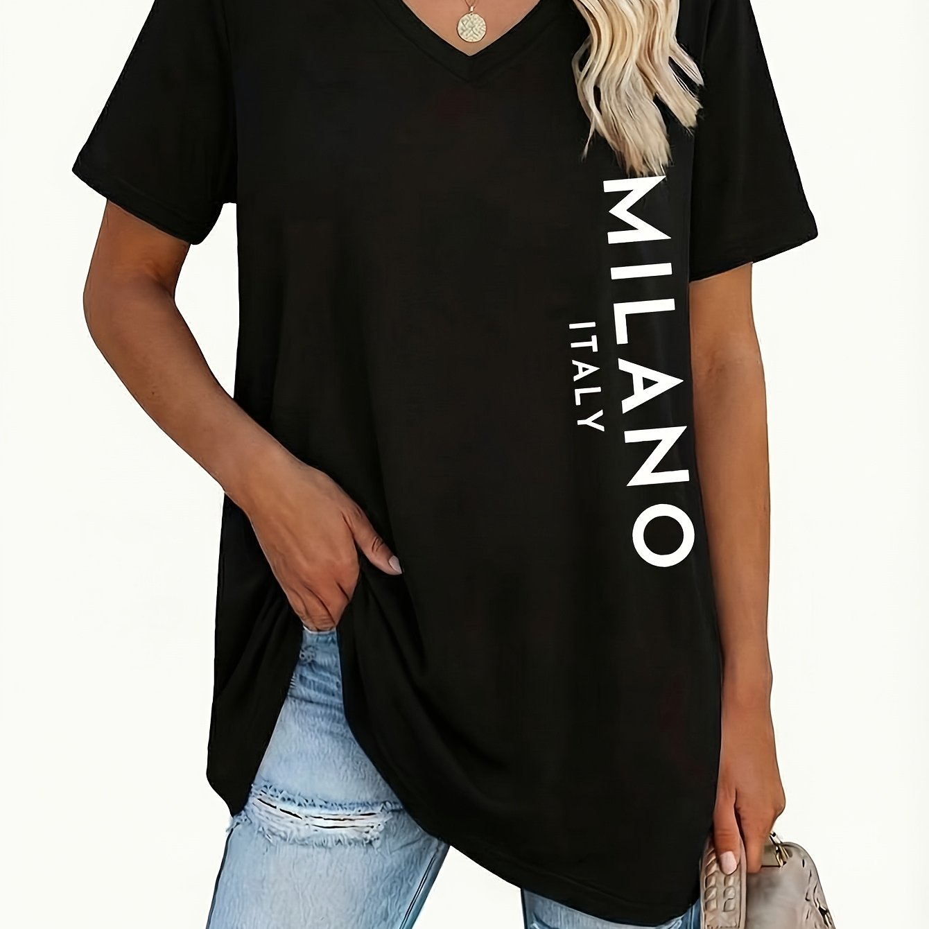 TEMU Plus Size, Plus-size Women's Elegant V-neck T-shirt - Solid Color & Geometric Patterns Suitable For Spring/summer, Non- Blouse-compatible For