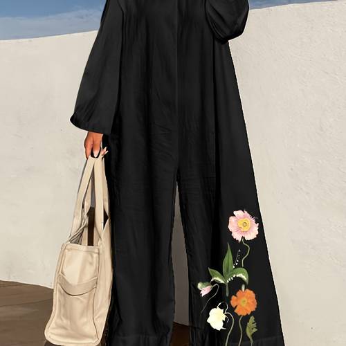 womens floral print round neck long sleeved wide leg jumpsuit fashionable loose casual wide leg pants jumpsuit