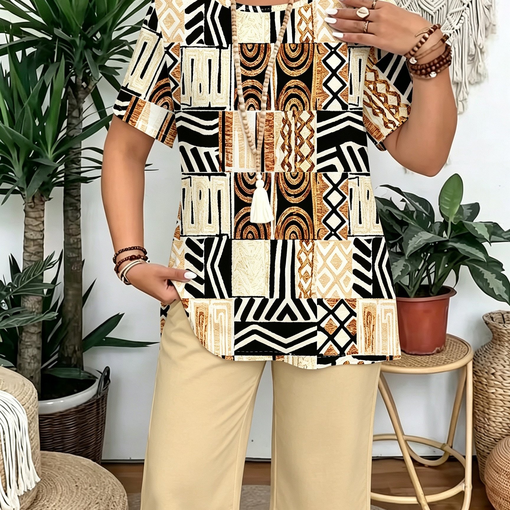 Image of Plus Size, Plus Size Women's Suit, Elegant And Stylish Round Neck T-shirt, Paisley Plaid Print 2pcs Set, Suitable For Home, Travel, Parties, And Vacations.