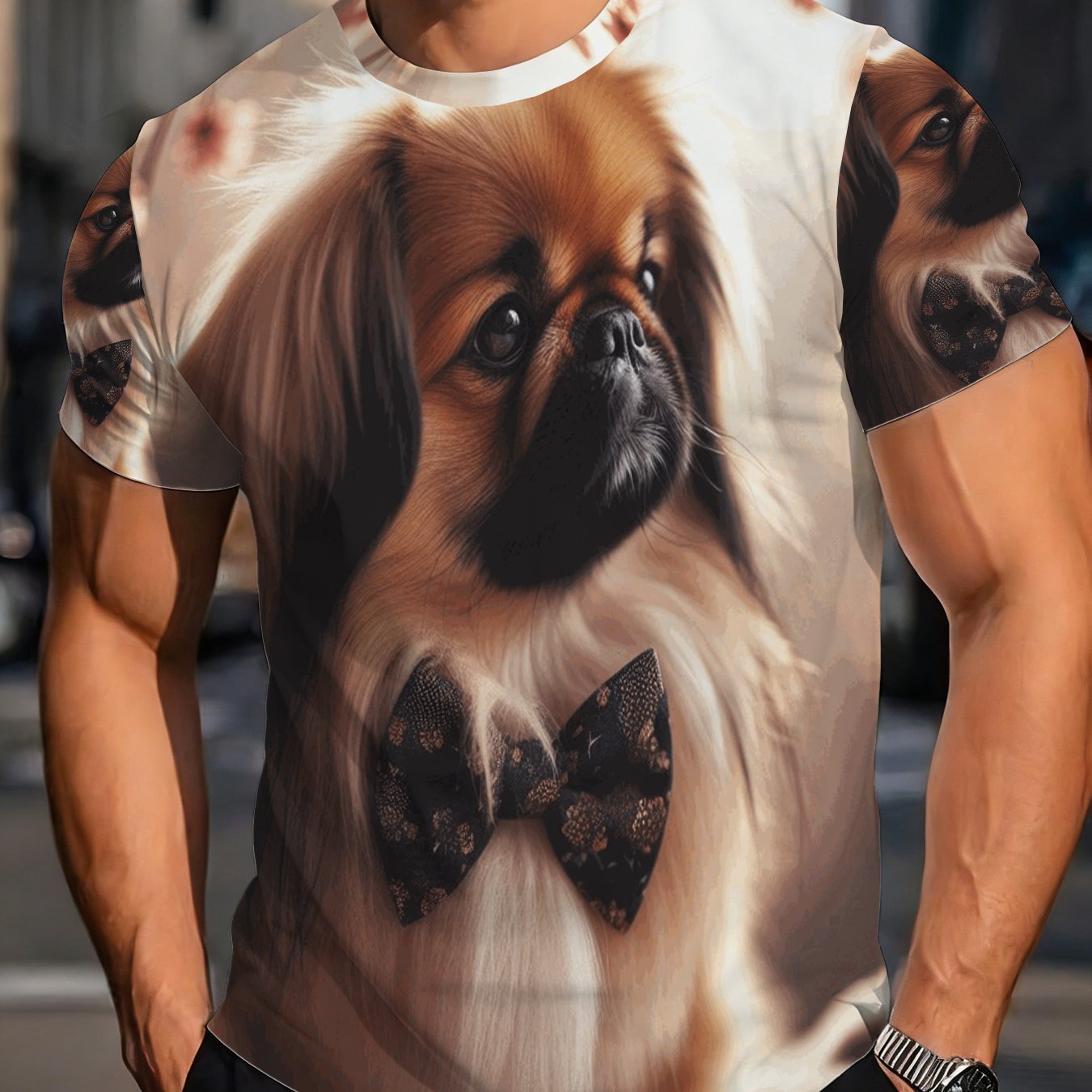 TEMU Cute Tibetan Spaniel Pattern T-shirt, Bow Tie Puppy Print Top, Casual And Stylish Dog-themed Short Sleeve, Soft And Comfortable Daily Wear