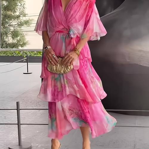 womens elegant v neck tiered maxi dress with asymmetrical hem botanical print lightweight summer dress for casual to formal occasions formal occasion attire flowy fabric