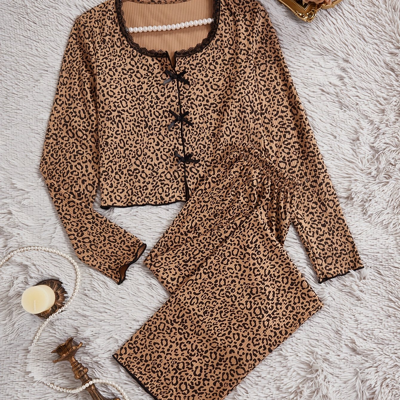 Women's Pajama Set With Full-body Leopard Print Long Sleeve And Pants