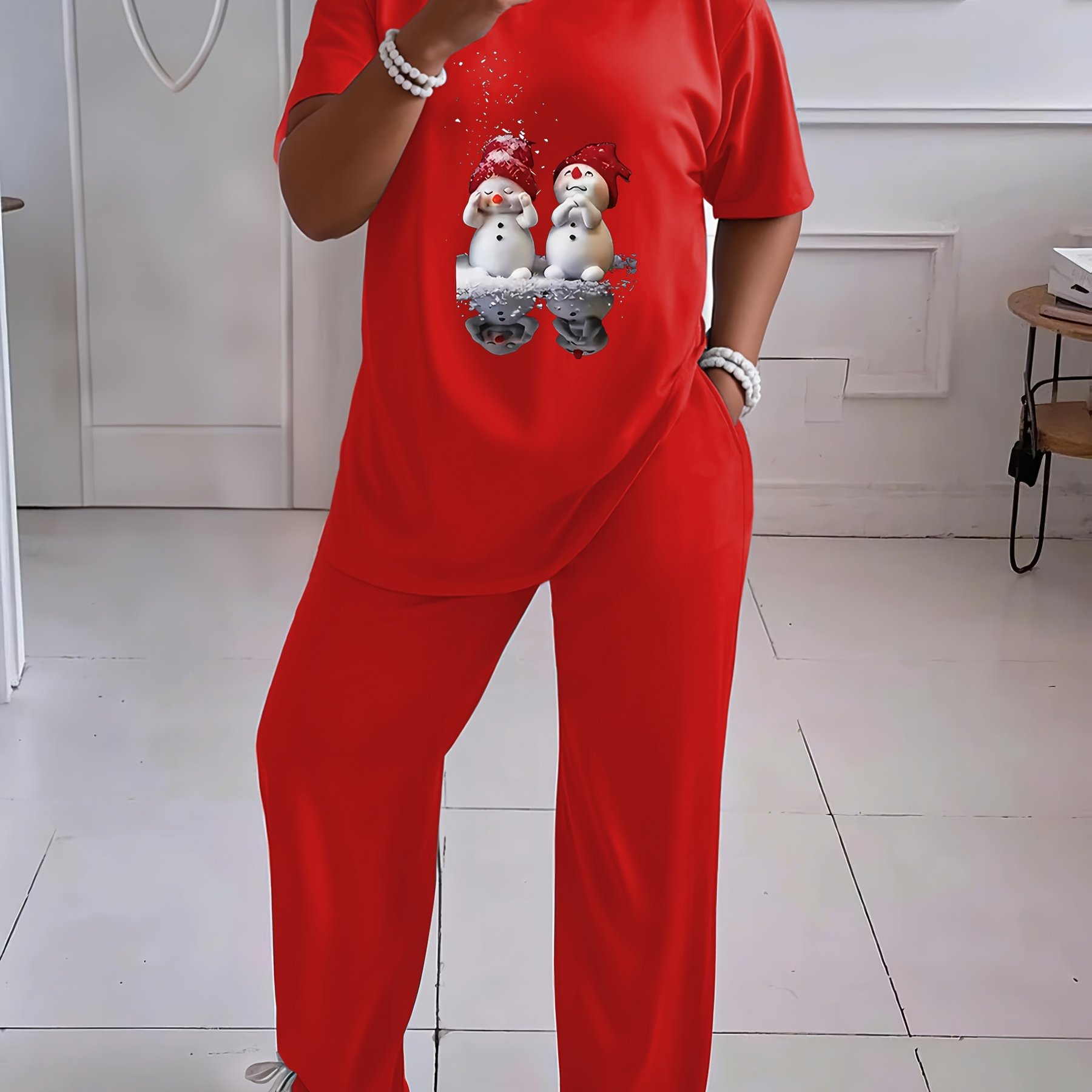 TEMU Plus Size - Plus Size - Plus-size Women's Short-sleeve Top And Loose Pants Casual Set, Featuring Christmas Snowman Print Pants With Pockets