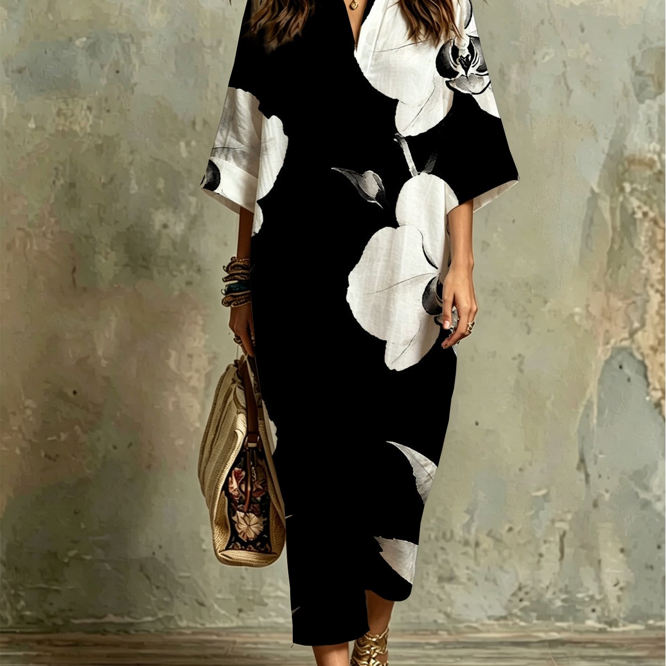 Image of Plus Size, Black And White Watercolor Orchid Print Fashion Casual Kaftan Dress Lightweight Breathable Loose Fit For Beach Vacation Summer Parties Daily Wear