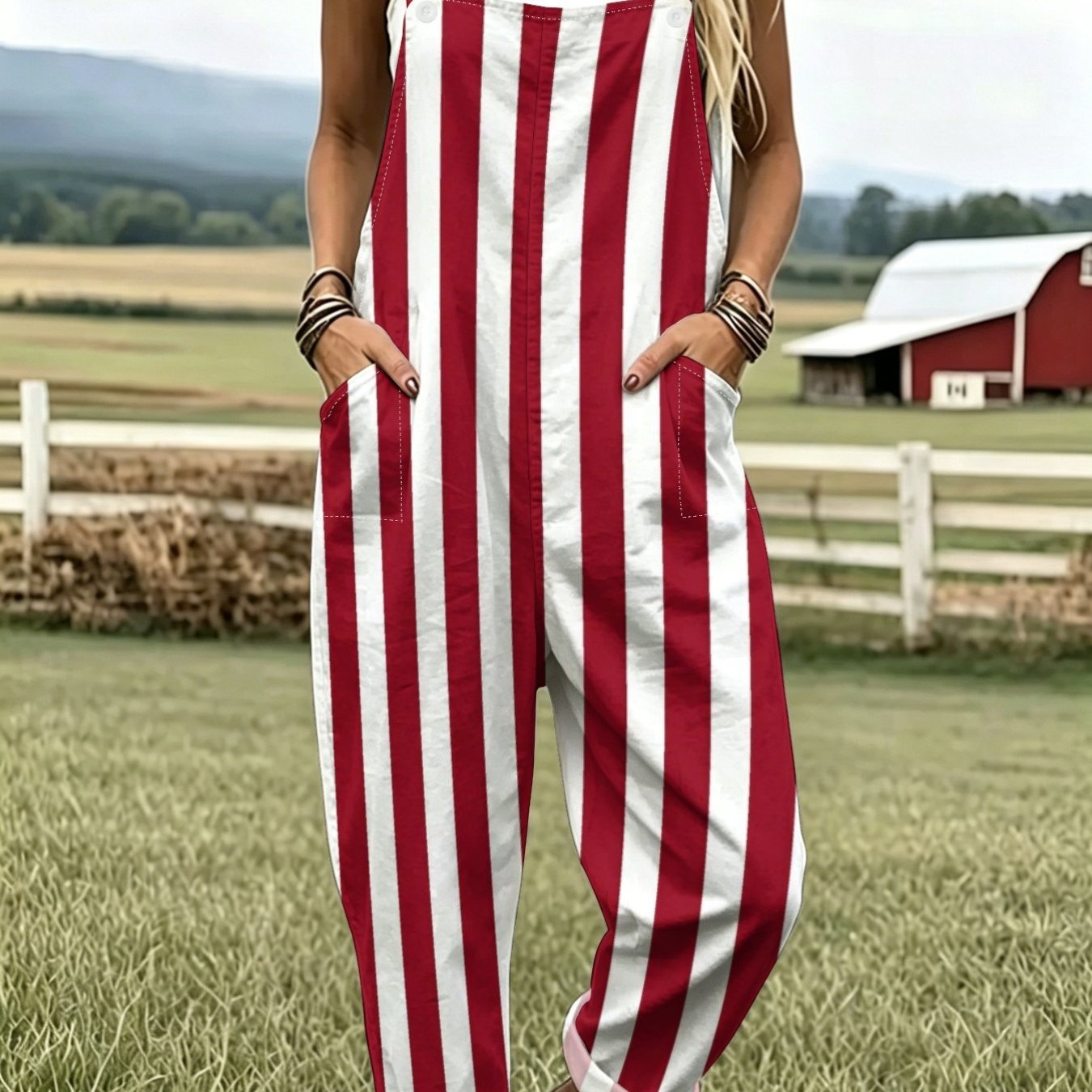 TEMU Women's Full-body Print Overalls - Sleeveless Button-front Pants With Pockets, Loose Fit Strap Design, Machine Washable Suitable For Vacation,