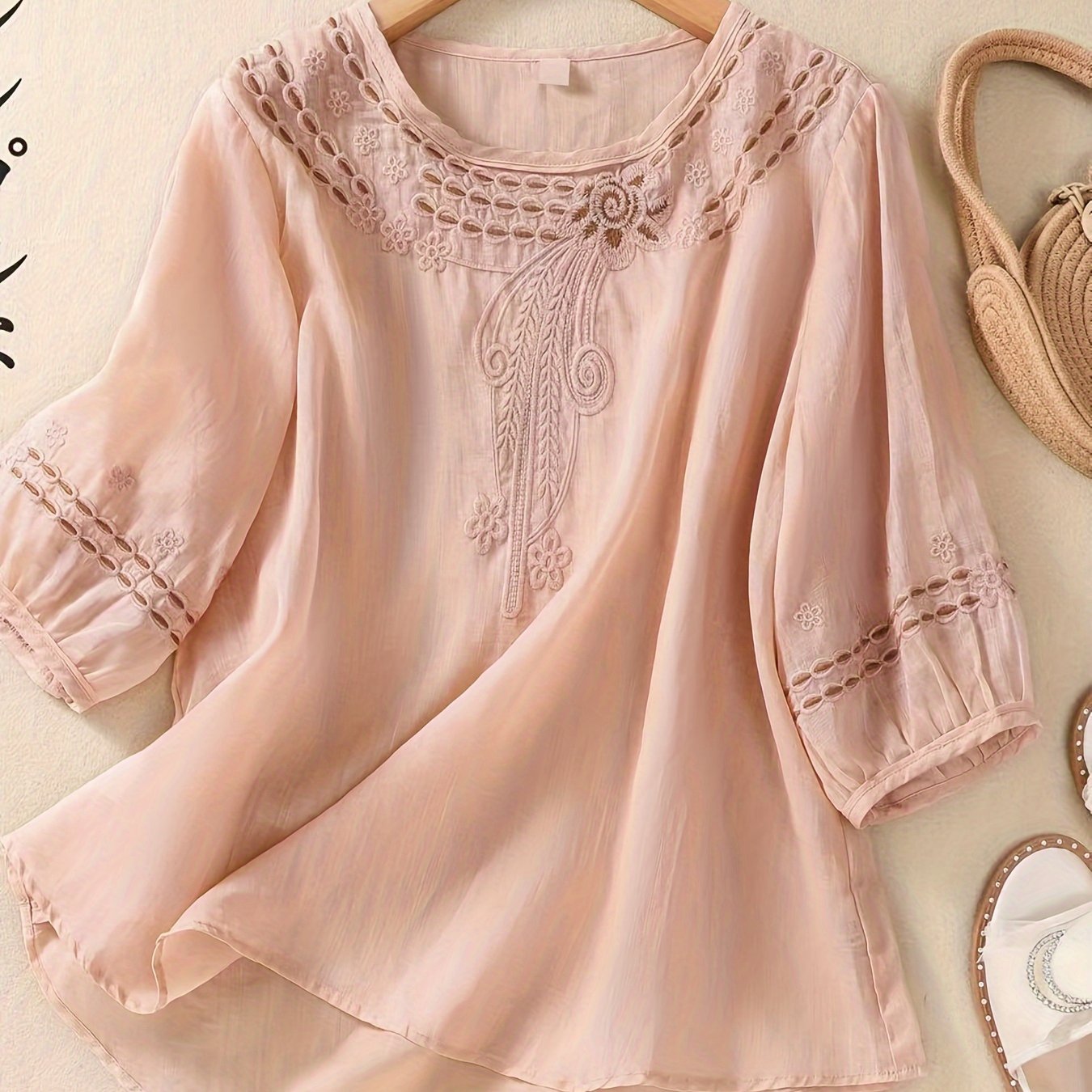 plus size women's plus size vintage embroidered blouse half