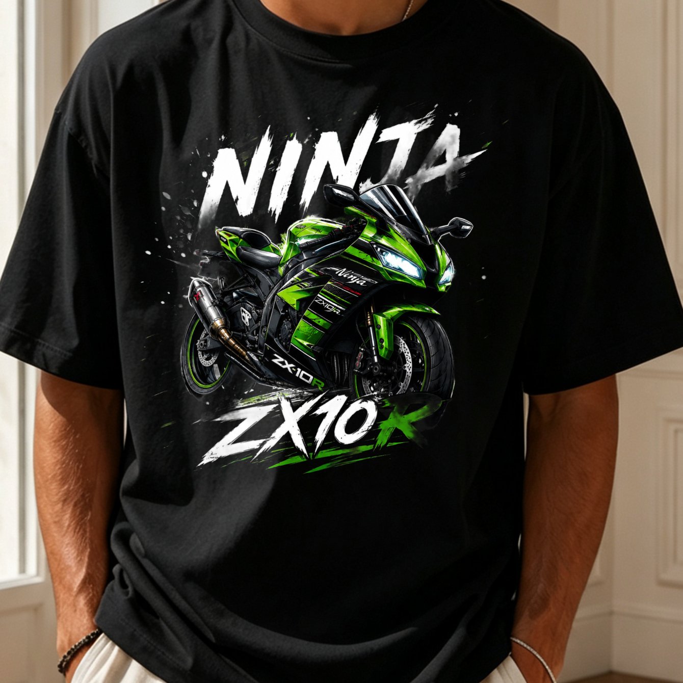 Image of T-shirt With Motorcycle Brush Lettering And Green Grunge Graphic Men's T-shirt