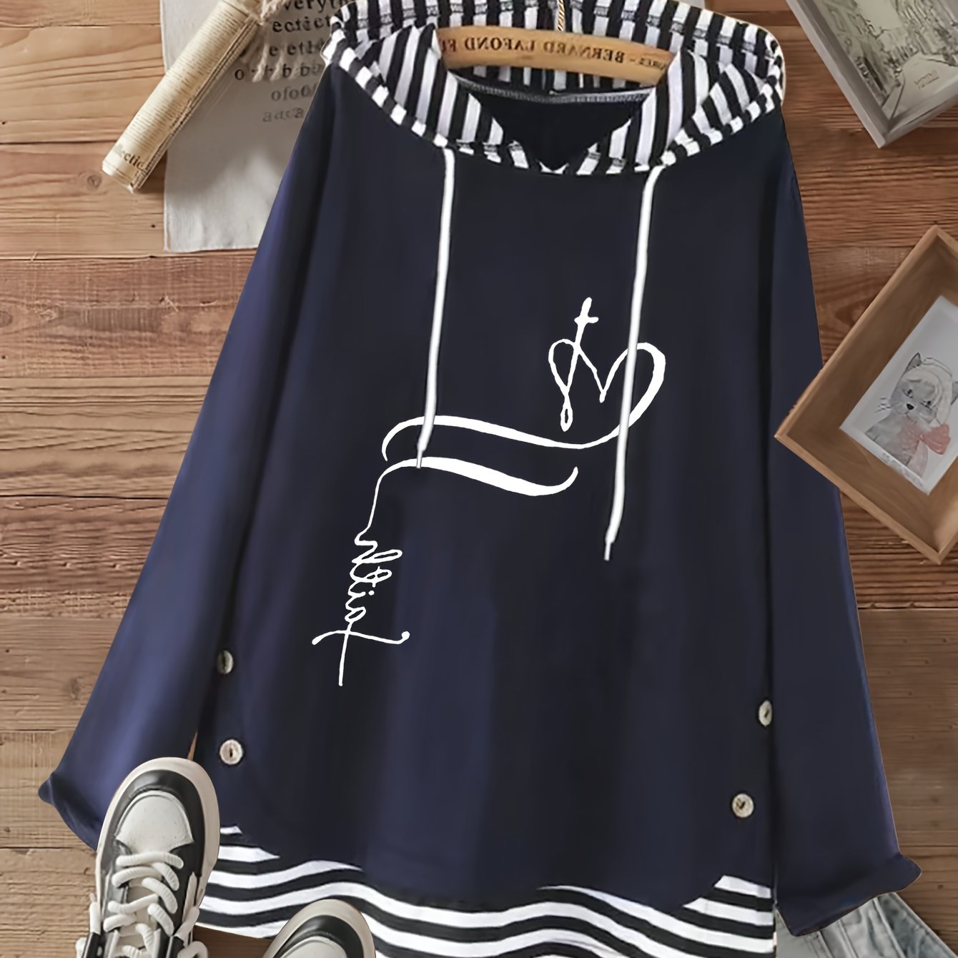 Image of Elegant Vintage Letter Printed Hoodie, Casual Long Sleeve Drawstring Sweatshirt, Soft Fiber Machine Washable Long Sleeve Hoodie, Suitable For Women, Spring And Autumn Women's Clothing