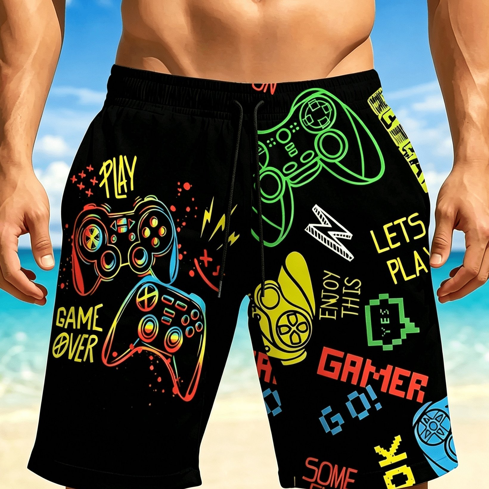 TEMU Men's Quick-dry Breathable Beach Shorts, Featuring Colorful Printed Designs, Elastic Waistband With Drawstring, And Pockets, Shorts Are Perfect