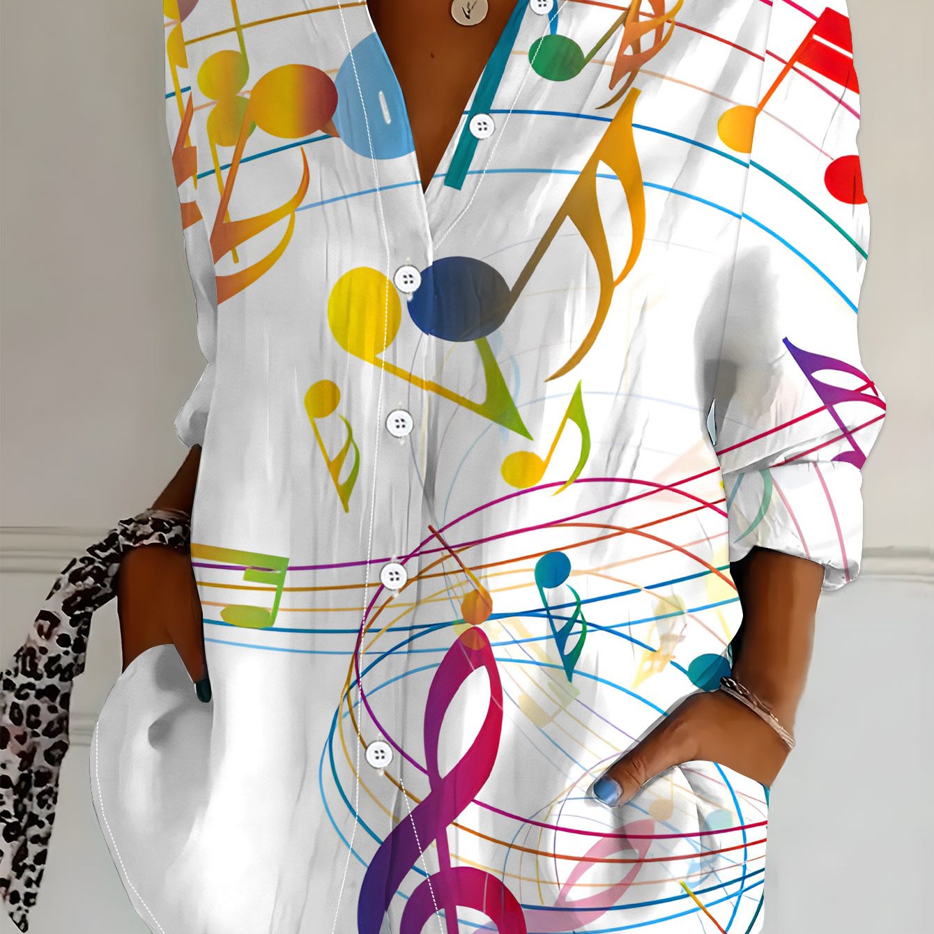TEMU Plus Size Women's Long Sleeve Shirt, Dynamic Musical Note Print Blouse, Multicolor Line Element Mid-length Women's Shirt, Vibrant And Colorful
