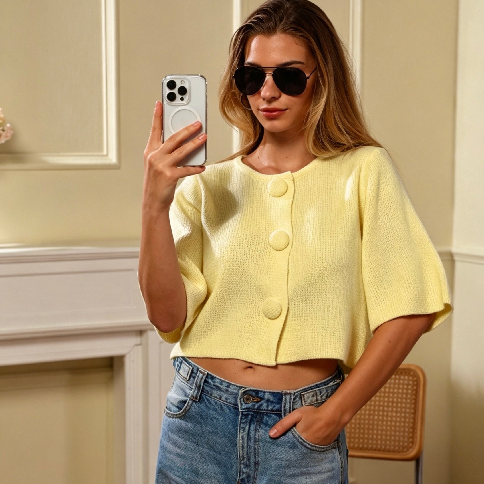 TEMU Women's Spring White Textured Cardigan, Crew Neck Large Fabric Buttons 3/4 Sleeve Cropped Sweater, Elegant Soft Lightweight Knitwear For Office
